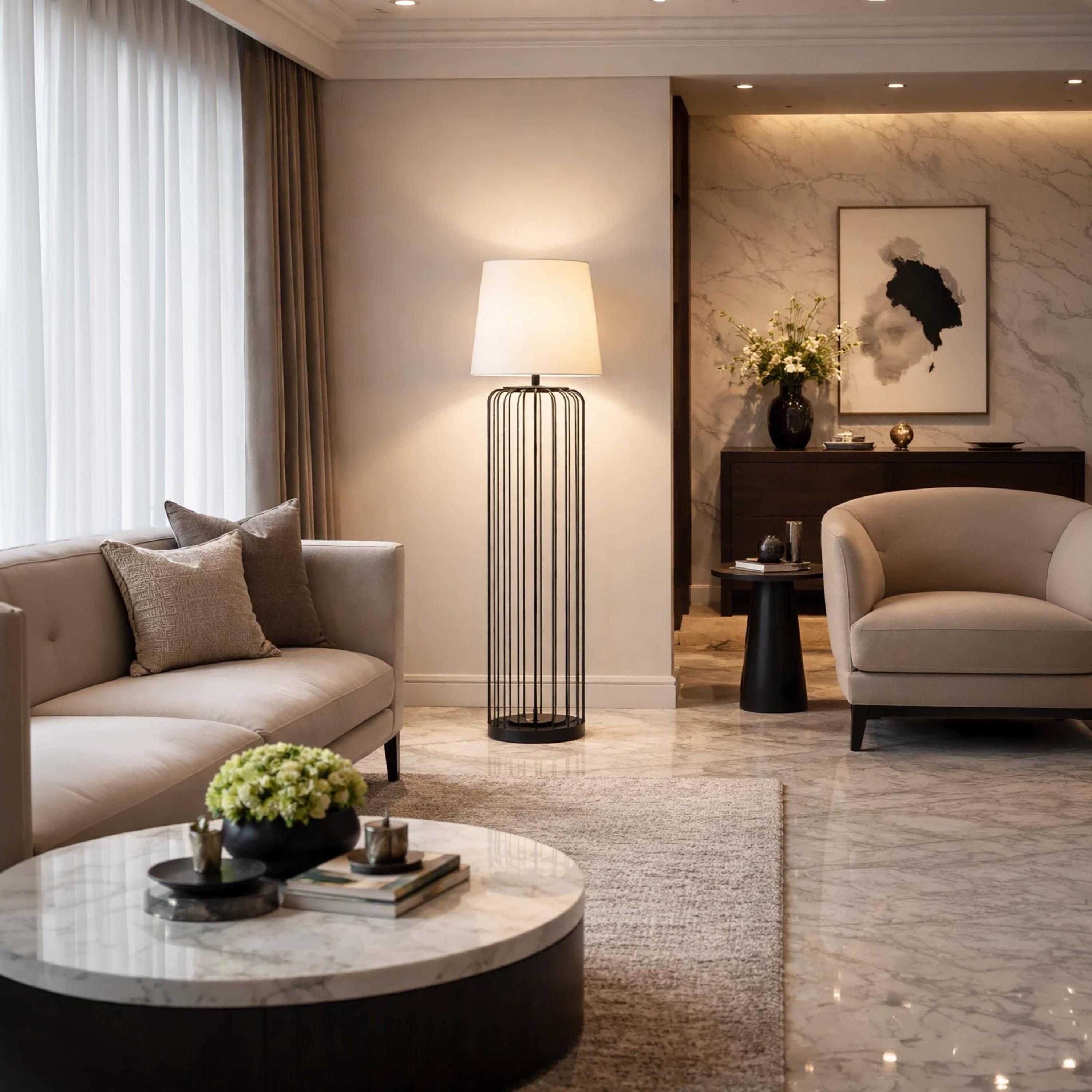 مصباح أرضي عصري بتصميم قفص أسود وغطاء قماشي من ماريا هومز-household-lighting-floorlamps-image-3