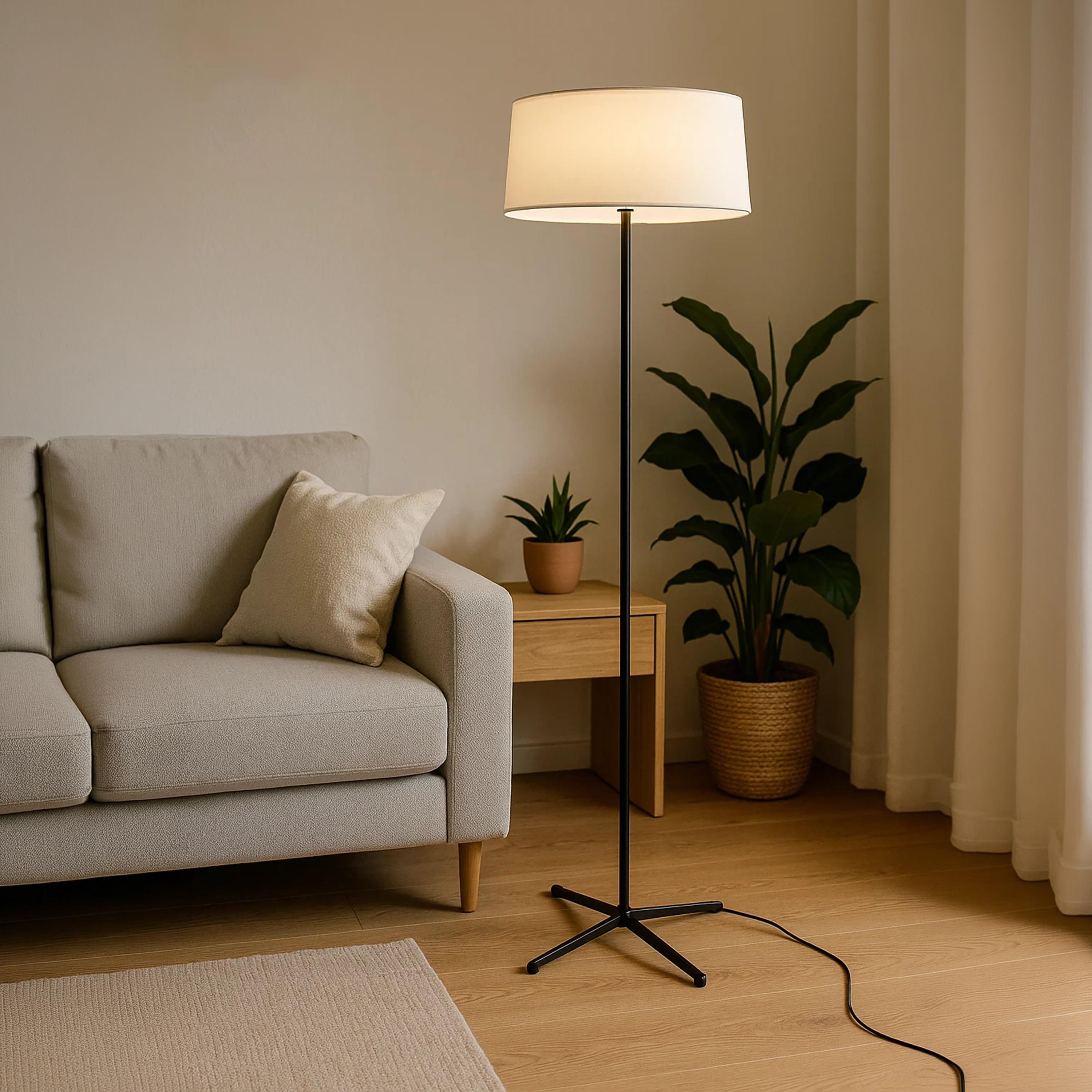 Maria Homes Slim Black Tripod Floor Lamp with White Drum Shade-household-lighting-floorlamps-image-1
