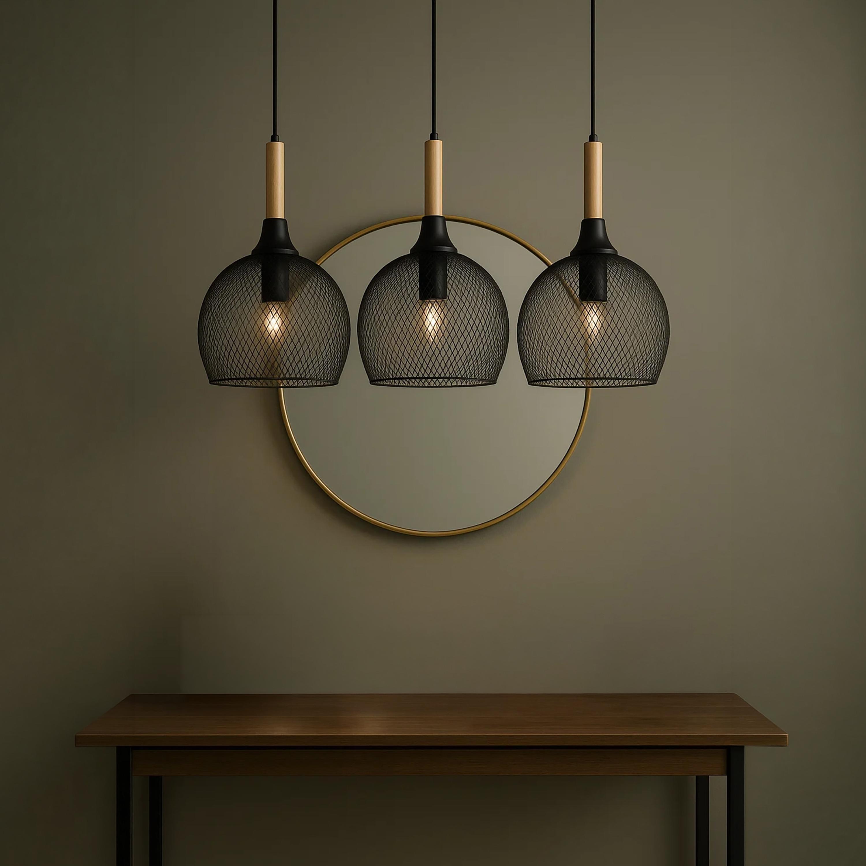 Maria Homes Industrial Black Mesh Pendant with Wood Accents - Set of 3-household-lighting-ceilinglamps-image-1