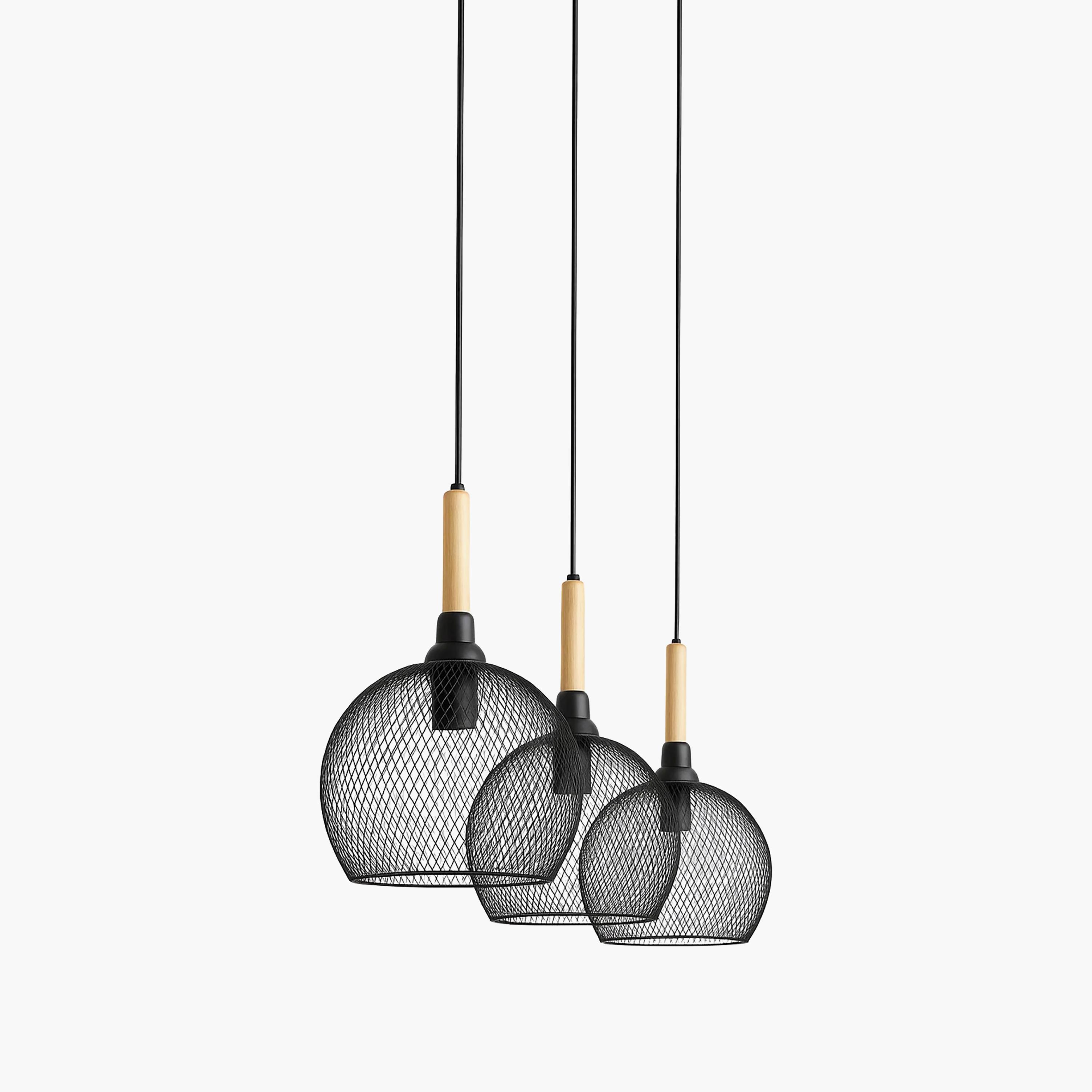 Maria Homes Industrial Black Mesh Pendant with Wood Accents - Set of 3-household-lighting-ceilinglamps-image-4