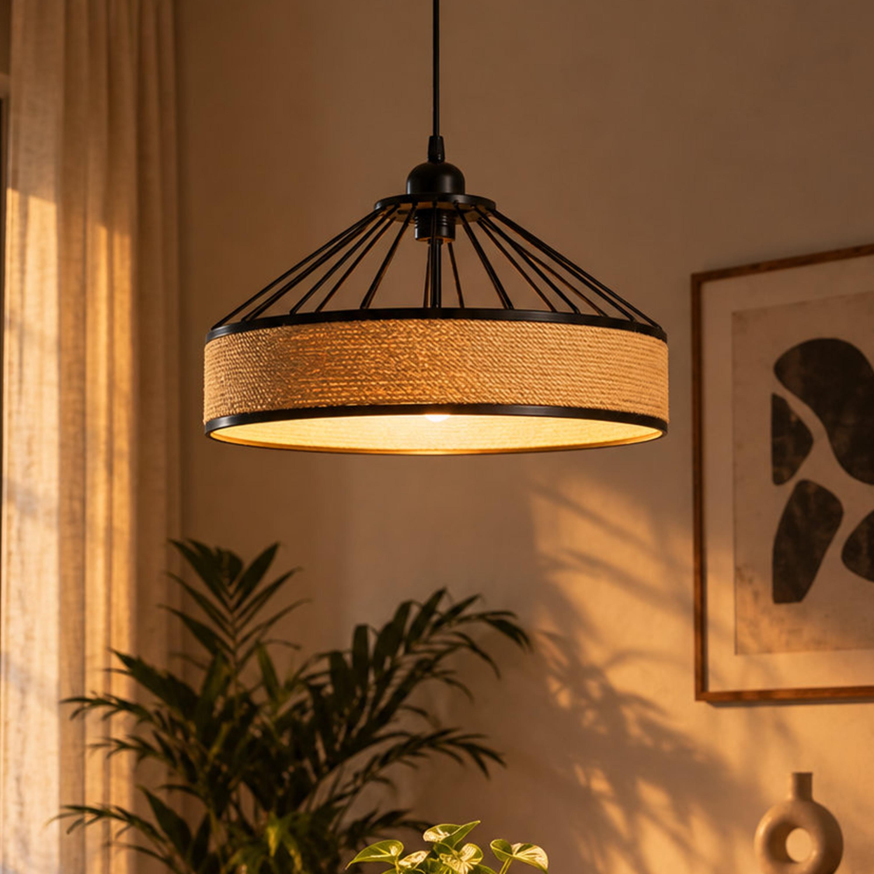 مصباح معلق صناعي بحلقة جوت وأسياخ حديد سود من ماريا هومز-household-lighting-ceilinglamps-image-1