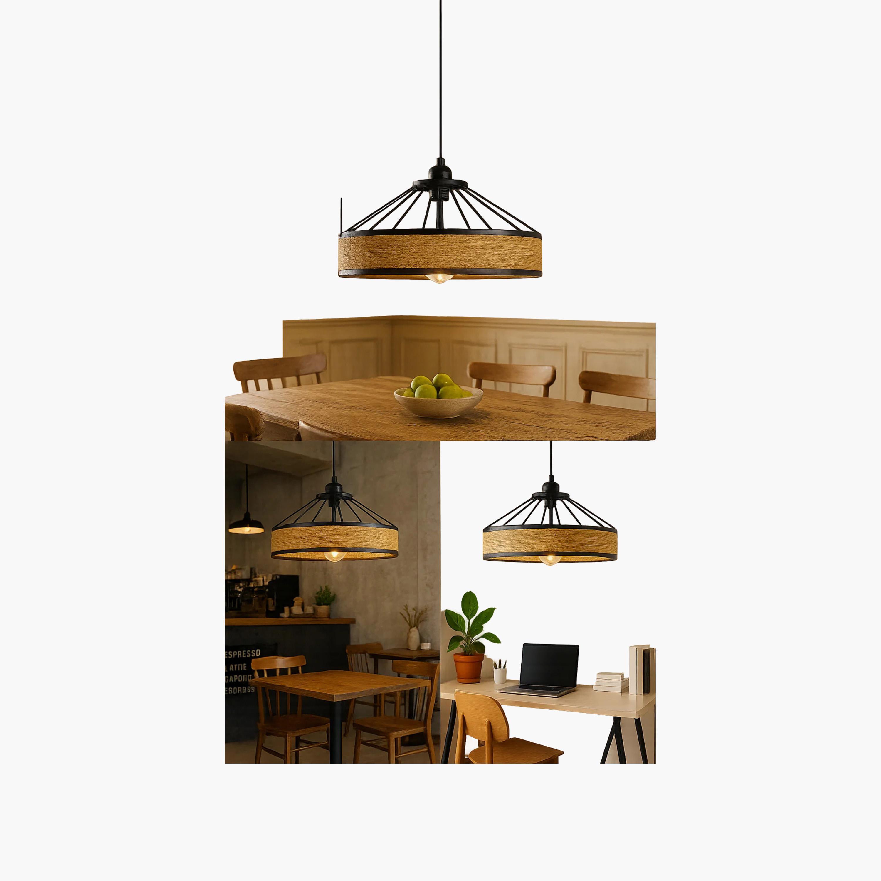 مصباح معلق صناعي بحلقة جوت وأسياخ حديد سود من ماريا هومز-household-lighting-ceilinglamps-image-3