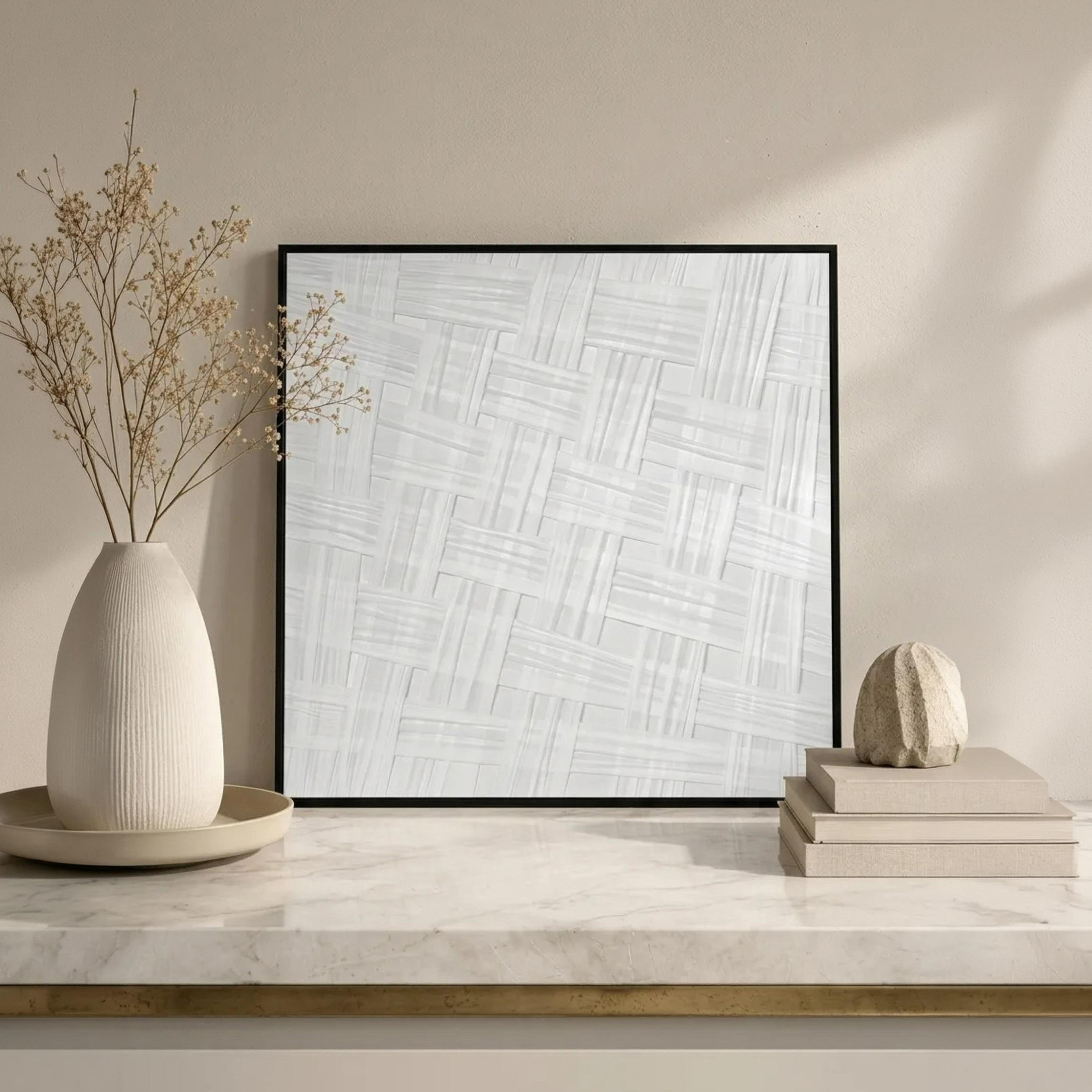 Maria Homes Grey Canvas Woven Pattern Framed Wall Art-household-walldecorandmirrors-wallart-image-1