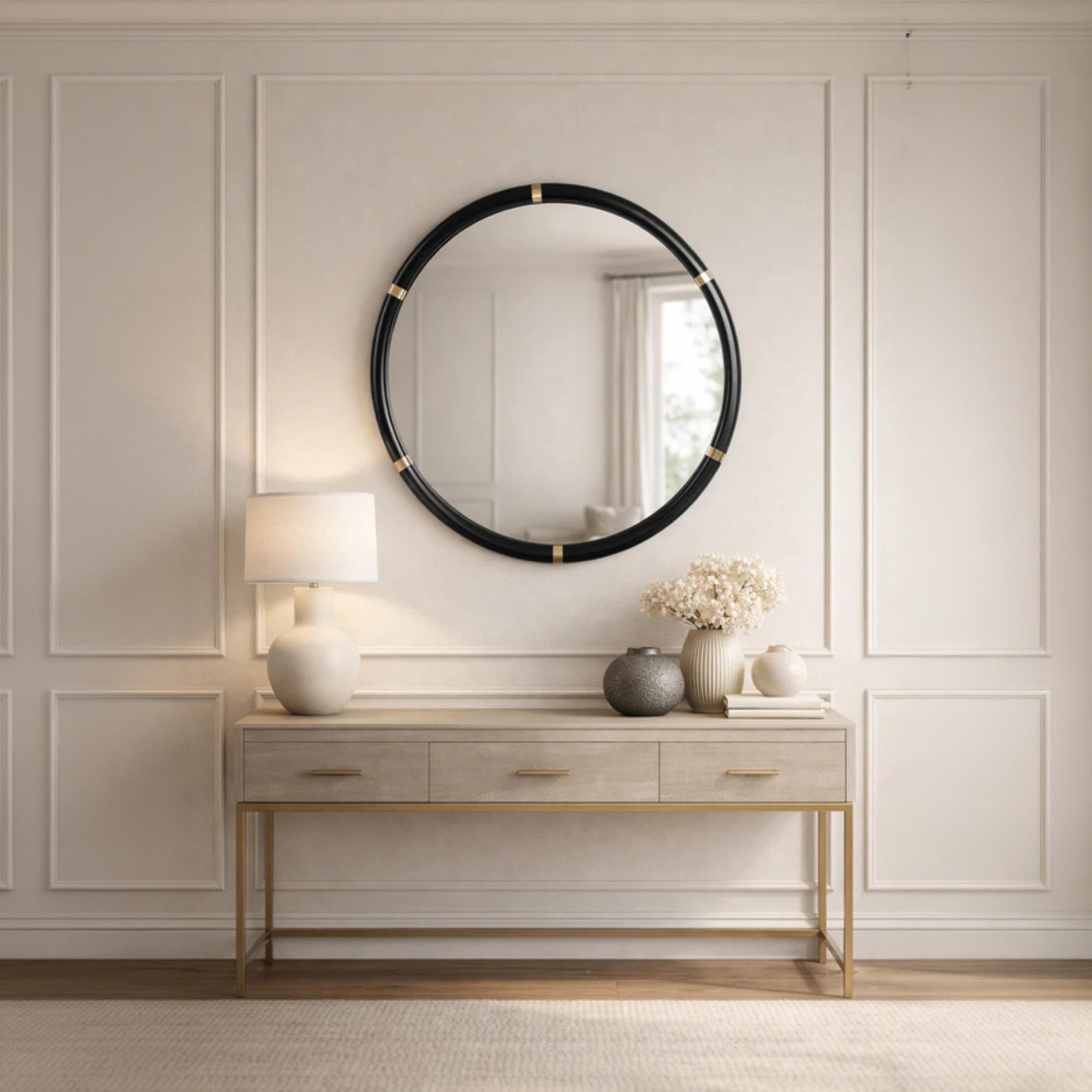 Maria Homes Black Glass Round Wall Mirror-household-walldecorandmirrors-mirrors-wallmirrors-image-2