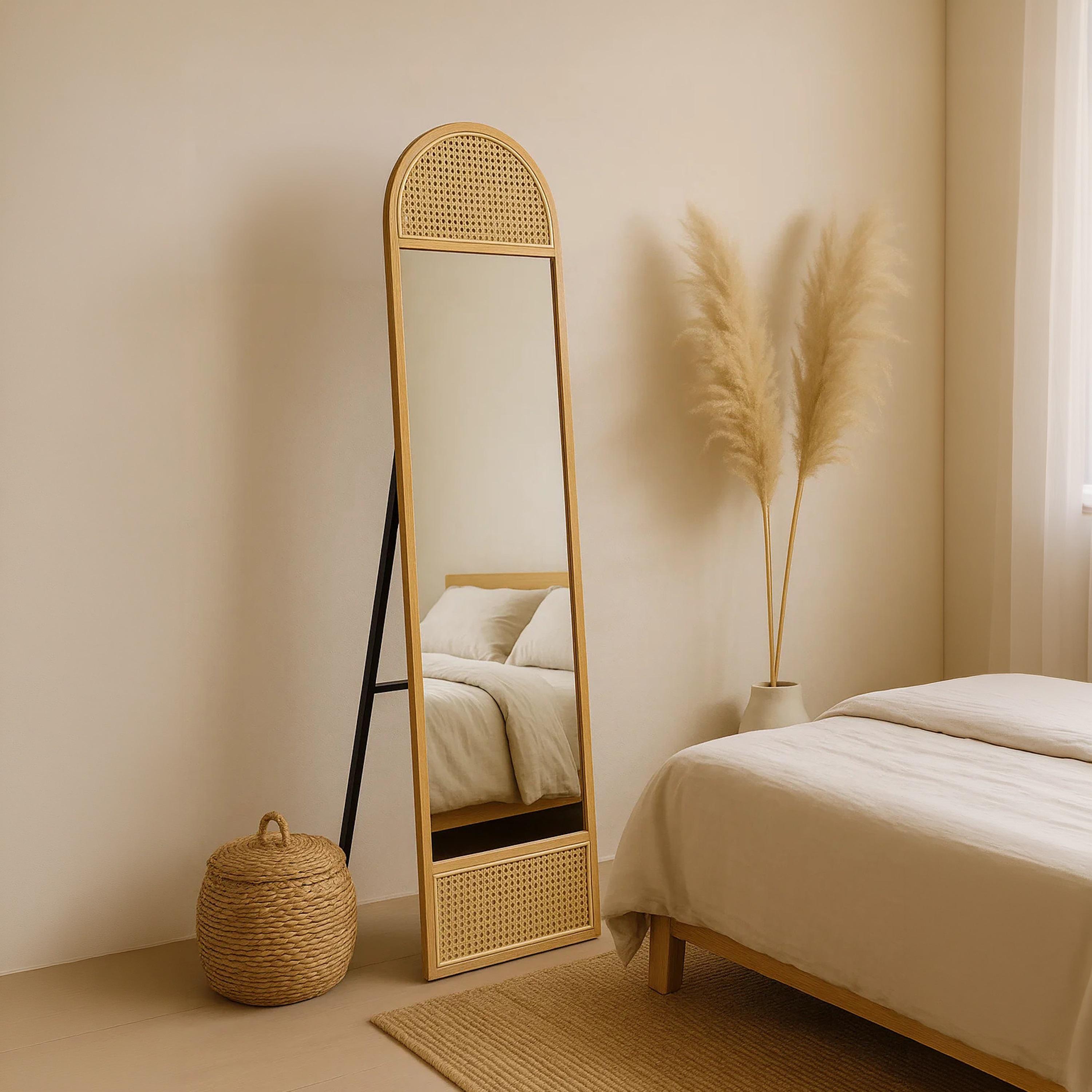 Maria Homes Glass Rattan Accent Floor Mirror-household-walldecorandmirrors-mirrors-wallmirrors-image-1