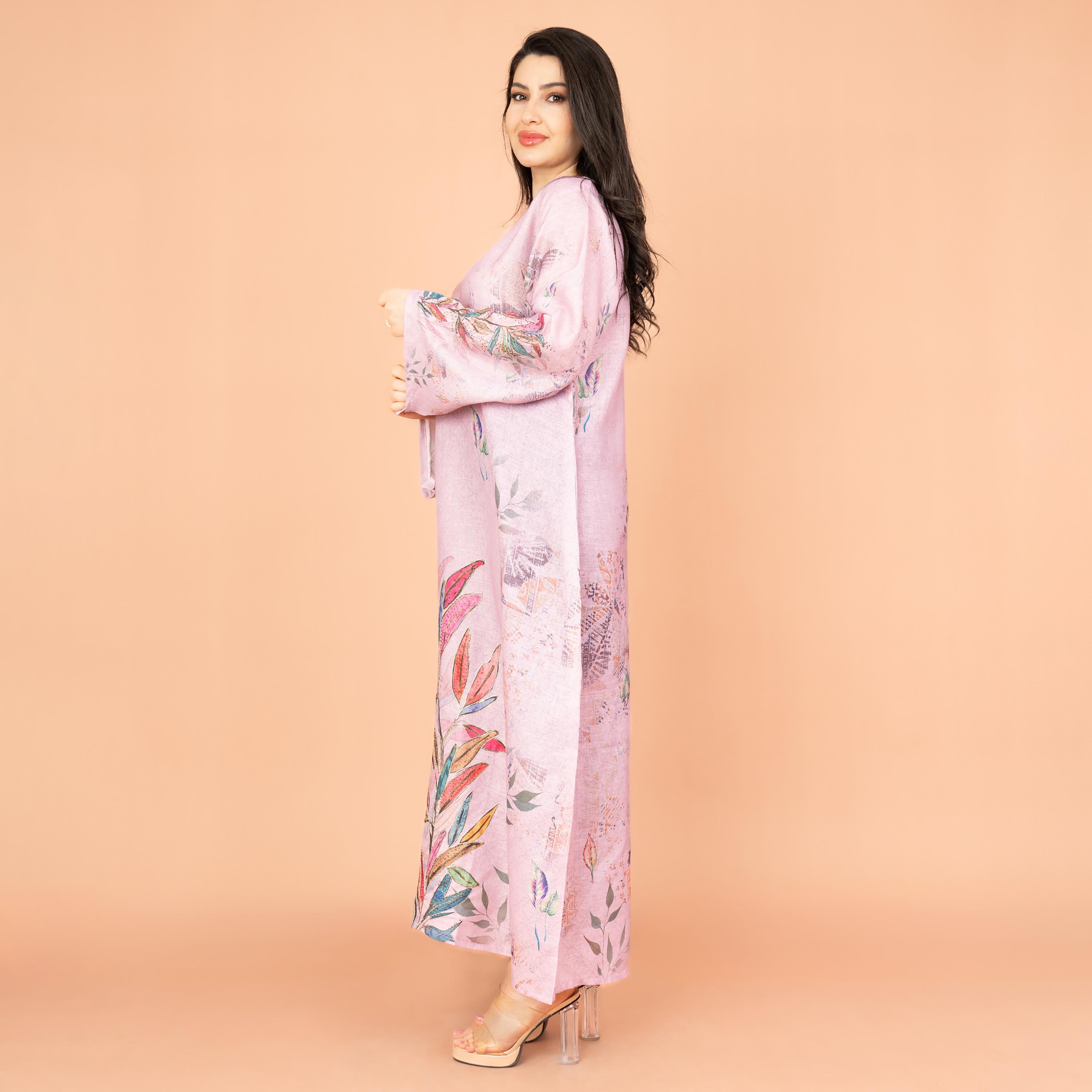 IKKXA Leaf Print Flared Sleeves Women's Highlight Jalabiya-women-arabicclothing-jalabiyas-image-3