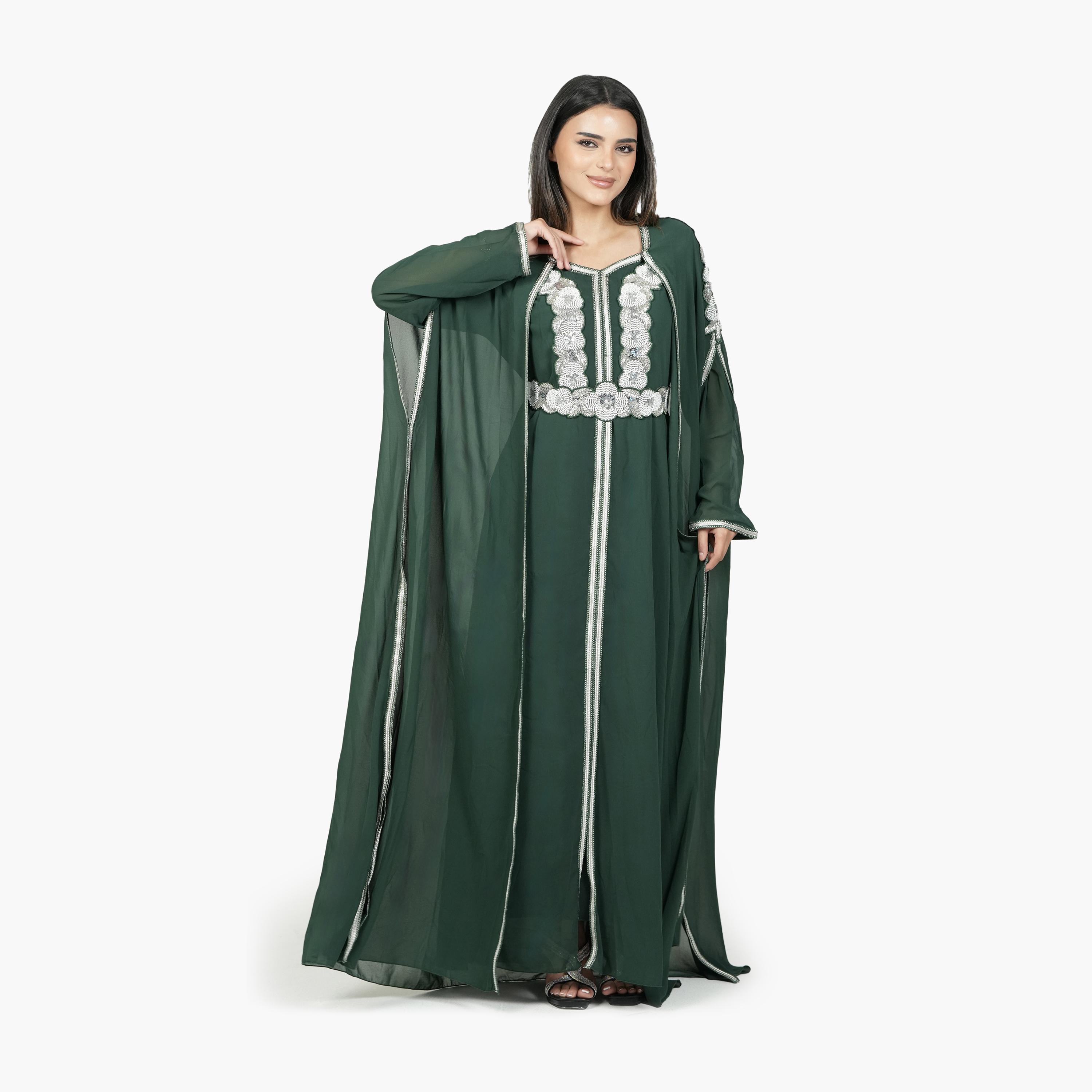 جلابية سهرة نسائية مغربية التصميم بخرز وحزام قماش كريب - أخضر من البنت الشرقية-women-arabicclothing-jalabiyas-image-1
