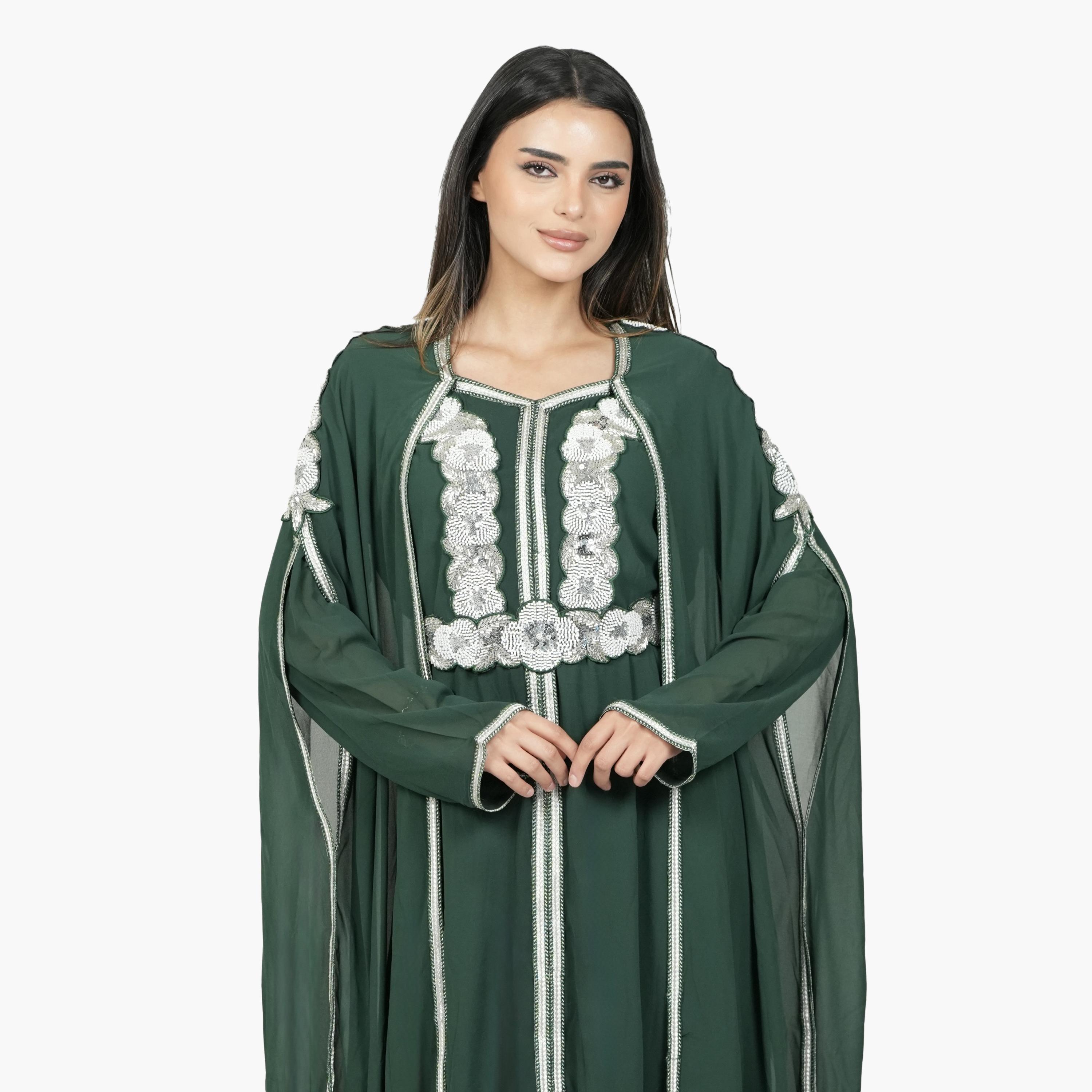 جلابية سهرة نسائية مغربية التصميم بخرز وحزام قماش كريب - أخضر من البنت الشرقية-women-arabicclothing-jalabiyas-image-2