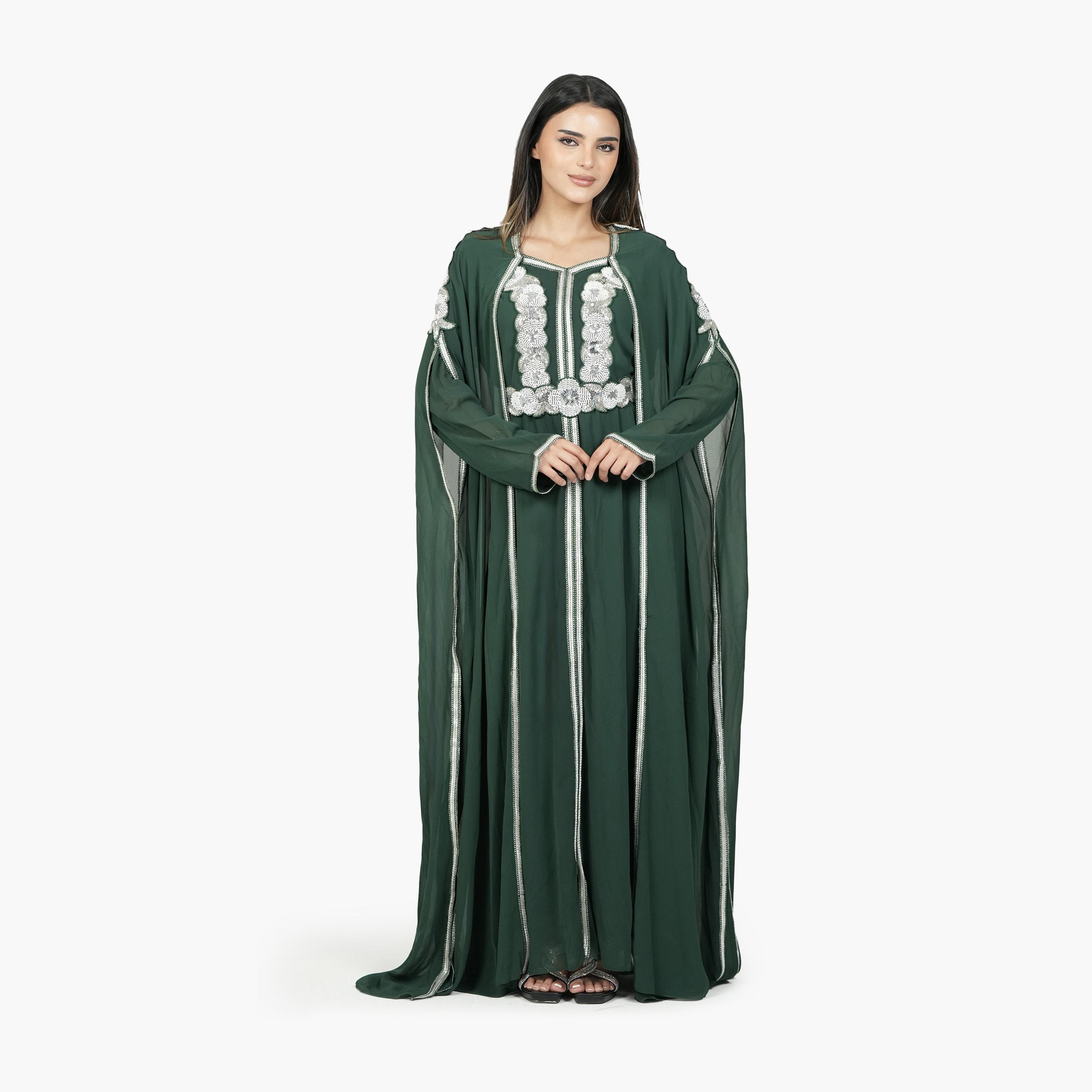 جلابية سهرة نسائية مغربية التصميم بخرز وحزام قماش كريب - أخضر من البنت الشرقية-women-arabicclothing-jalabiyas-image-3