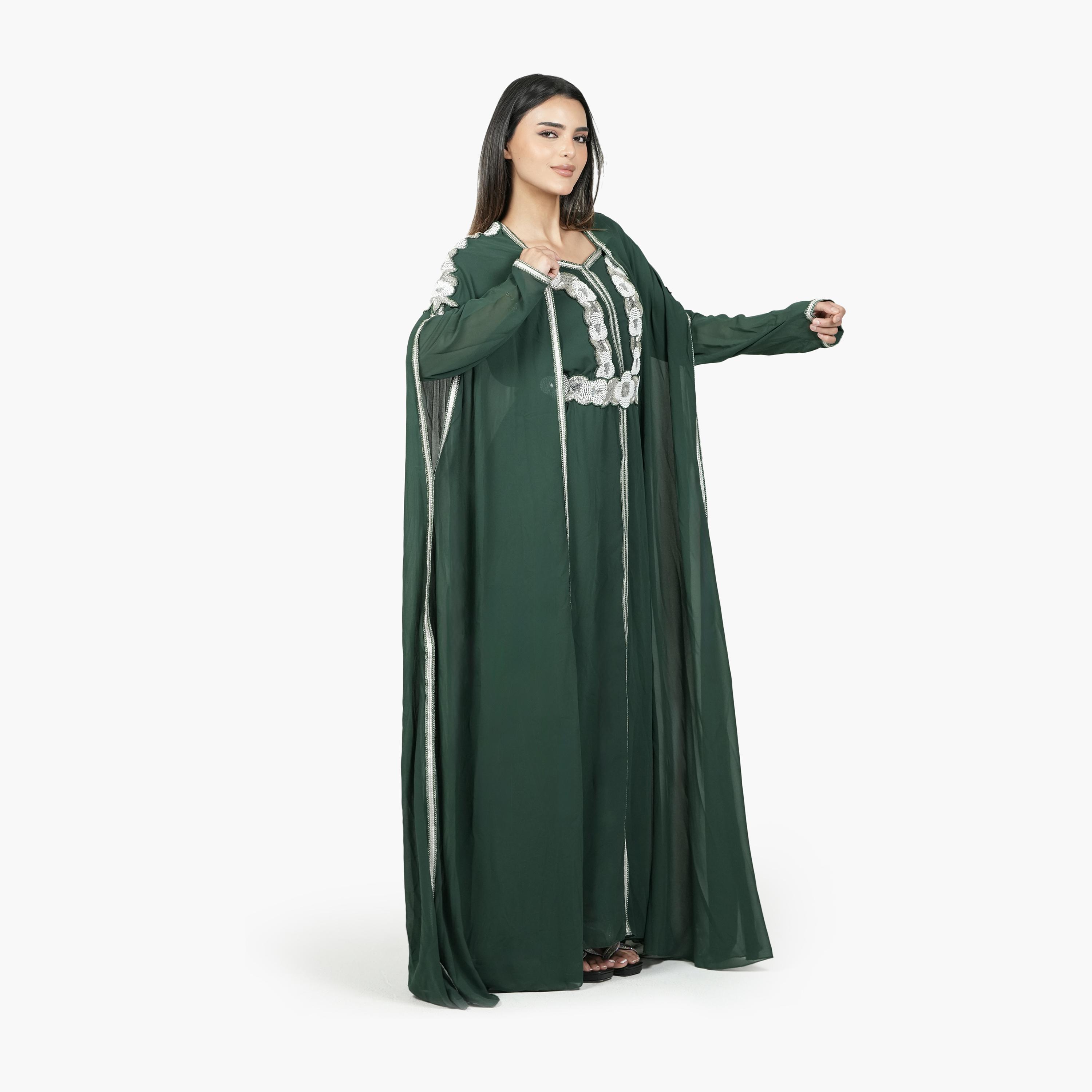 جلابية سهرة نسائية مغربية التصميم بخرز وحزام قماش كريب - أخضر من البنت الشرقية-women-arabicclothing-jalabiyas-image-4