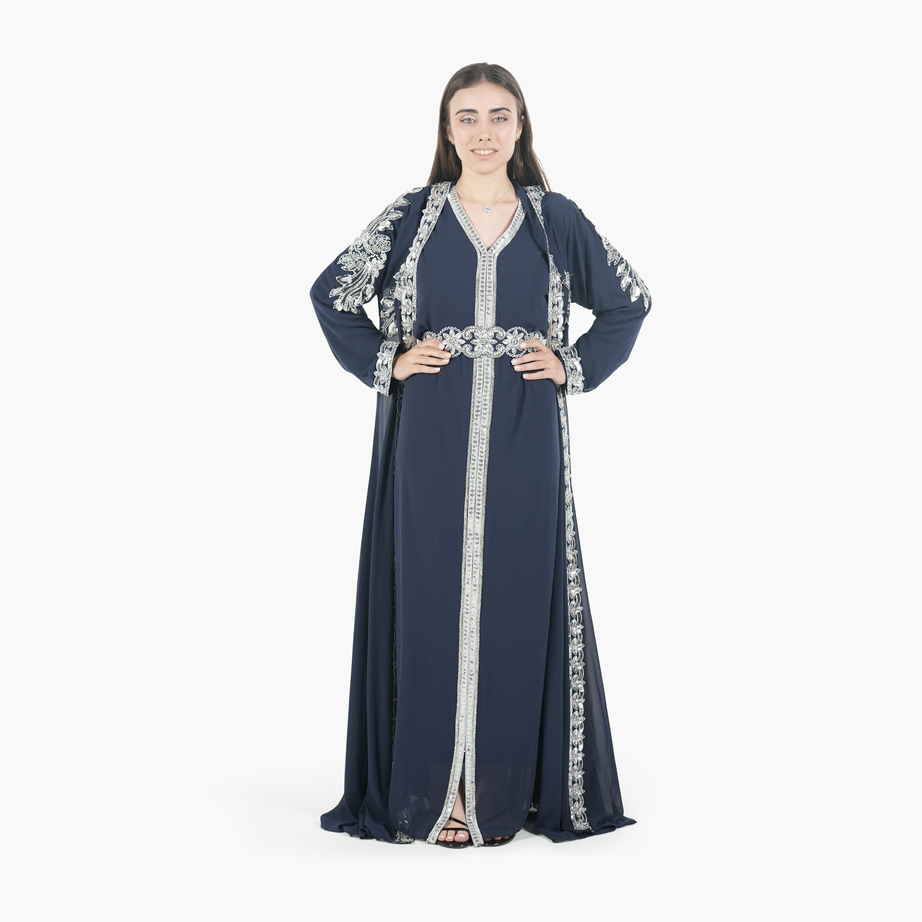 جلابية مغربية نسائية بخرز وغطاء رأس وحزام قماش كريب من البنت الشرقية-women-arabicclothing-jalabiyas-image-5