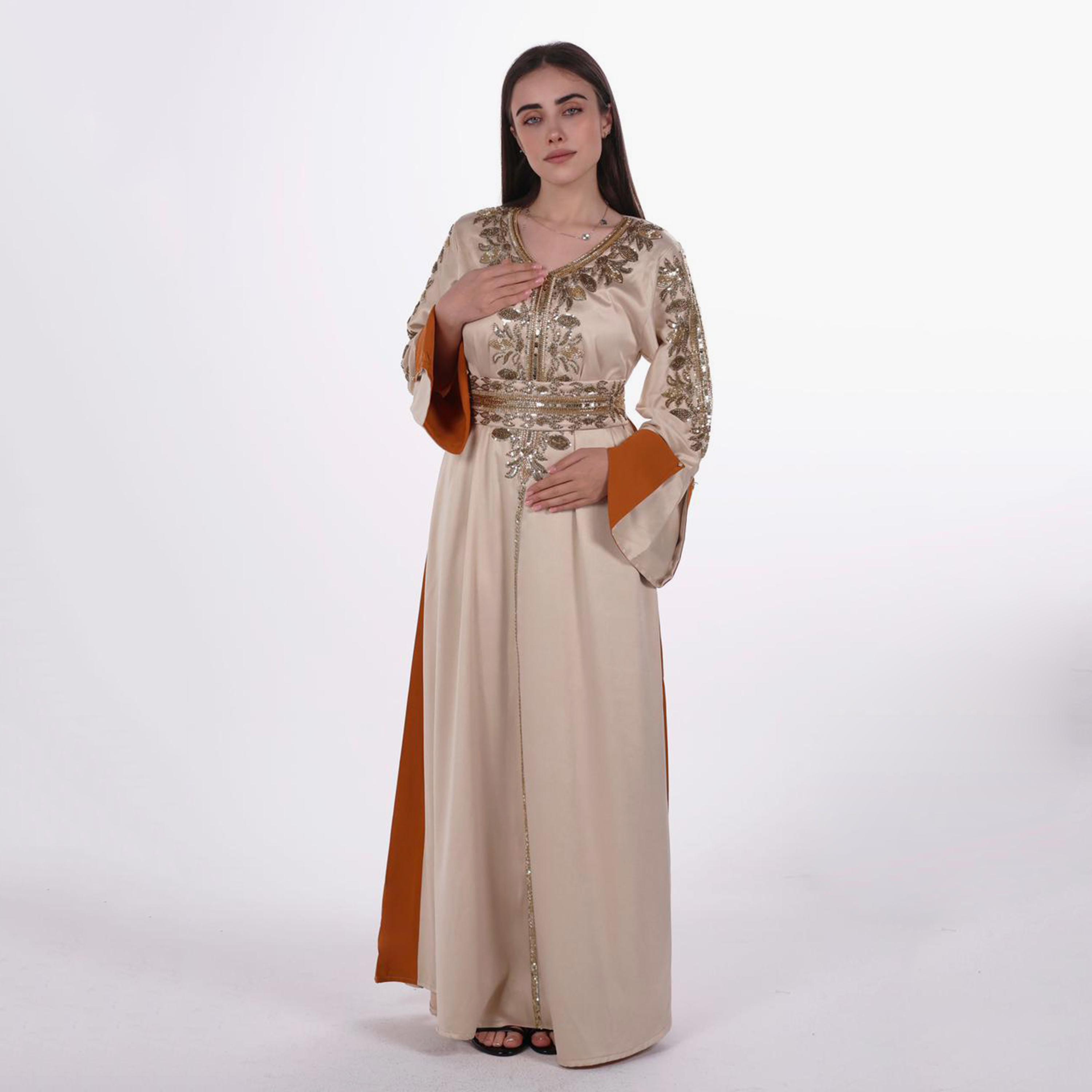 AL BENT AL SHARQIEH Beaded Flared Sleeves Satin Women's Evening Jalabiya with Belt-women-arabicclothing-jalabiyas-image-1