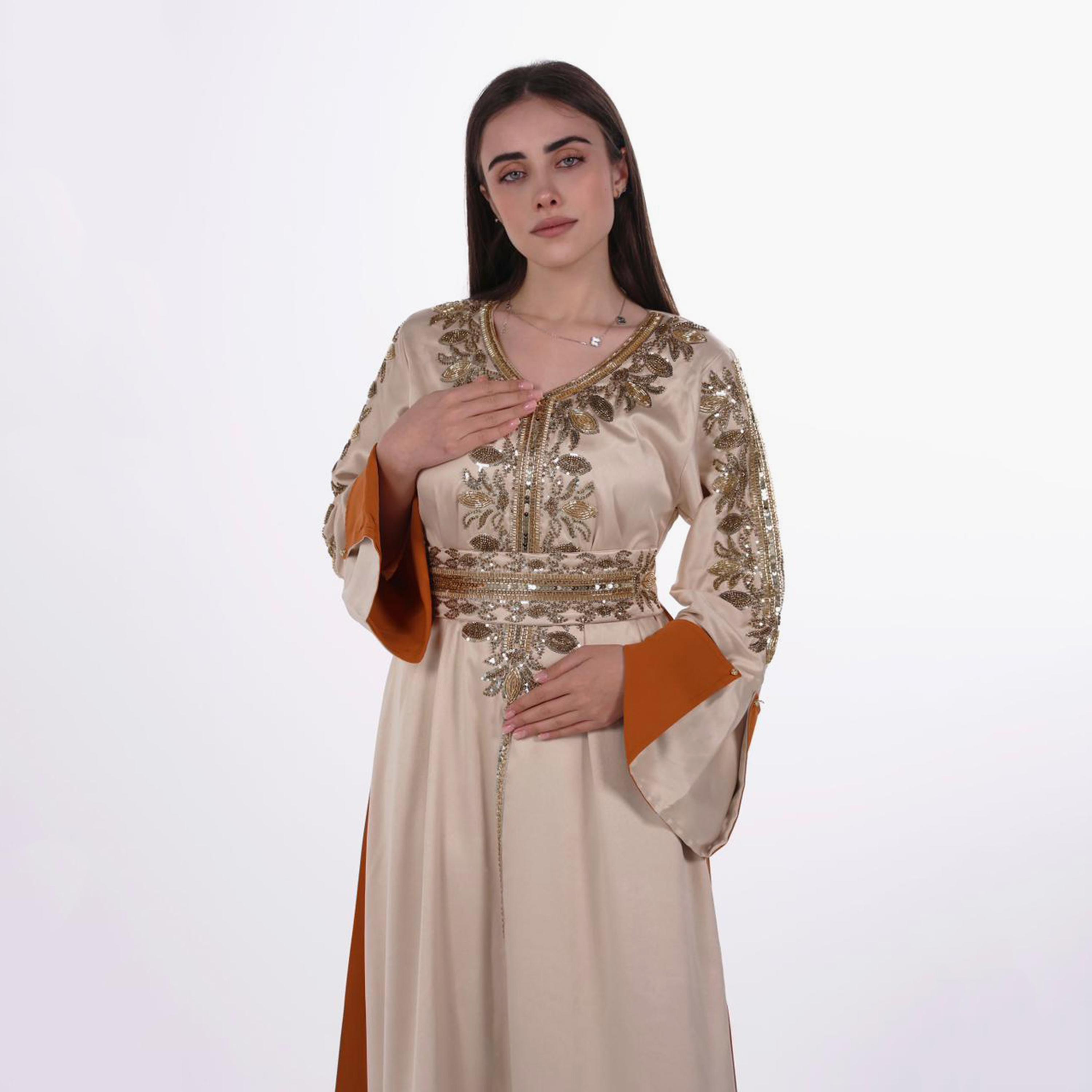 AL BENT AL SHARQIEH Beaded Flared Sleeves Satin Women's Evening Jalabiya with Belt-women-arabicclothing-jalabiyas-image-2