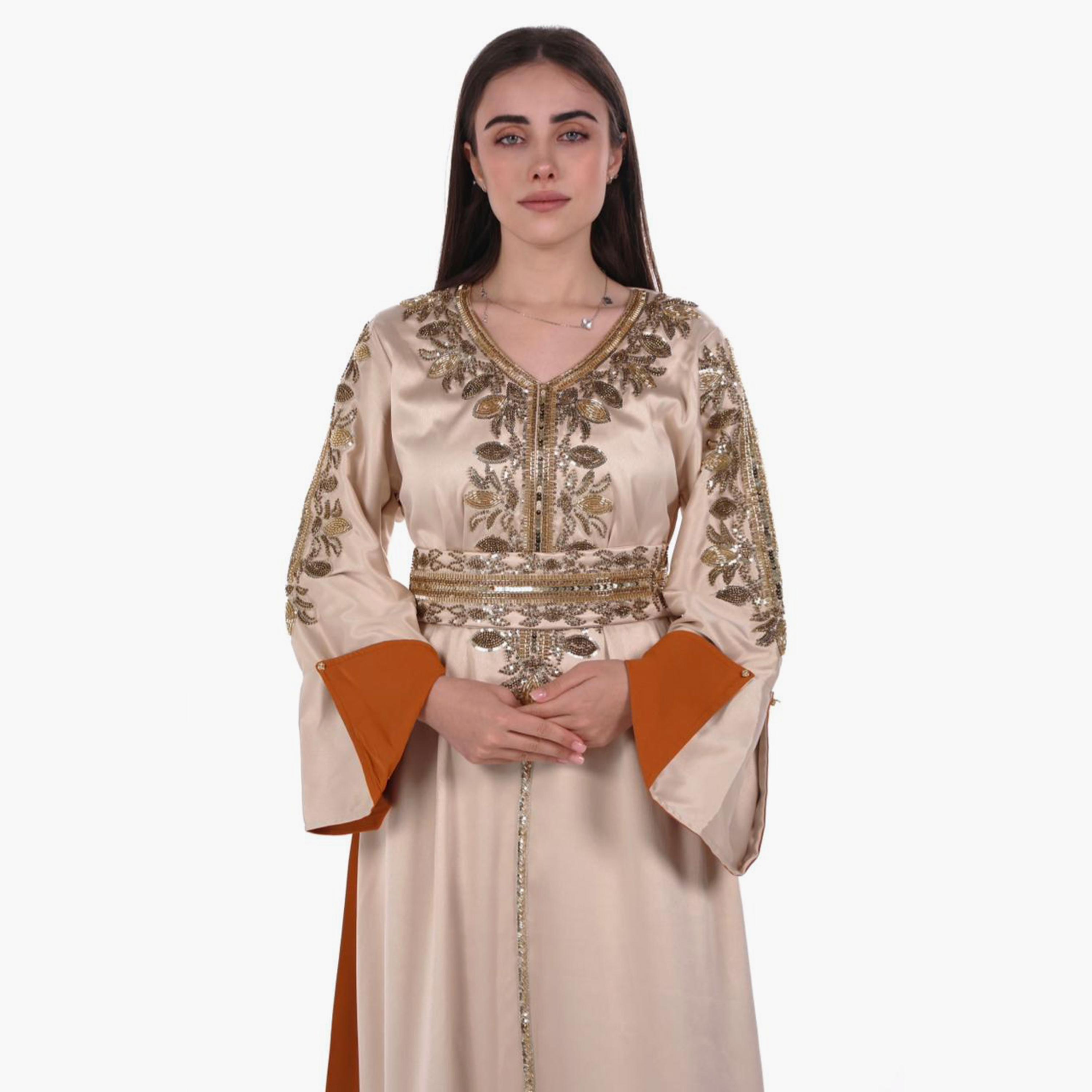 AL BENT AL SHARQIEH Beaded Flared Sleeves Satin Women's Evening Jalabiya with Belt-women-arabicclothing-jalabiyas-image-3