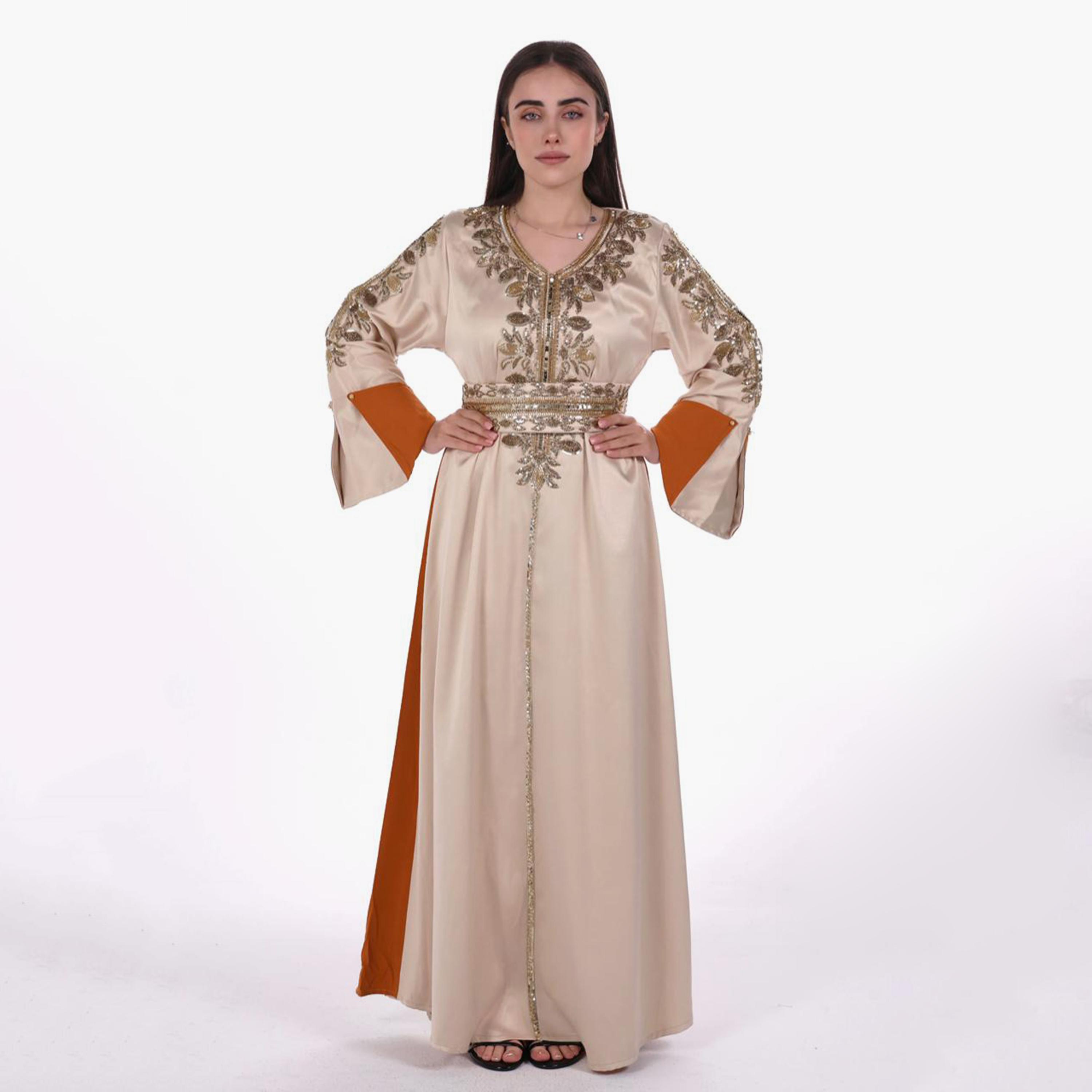 AL BENT AL SHARQIEH Beaded Flared Sleeves Satin Women's Evening Jalabiya with Belt-women-arabicclothing-jalabiyas-image-4