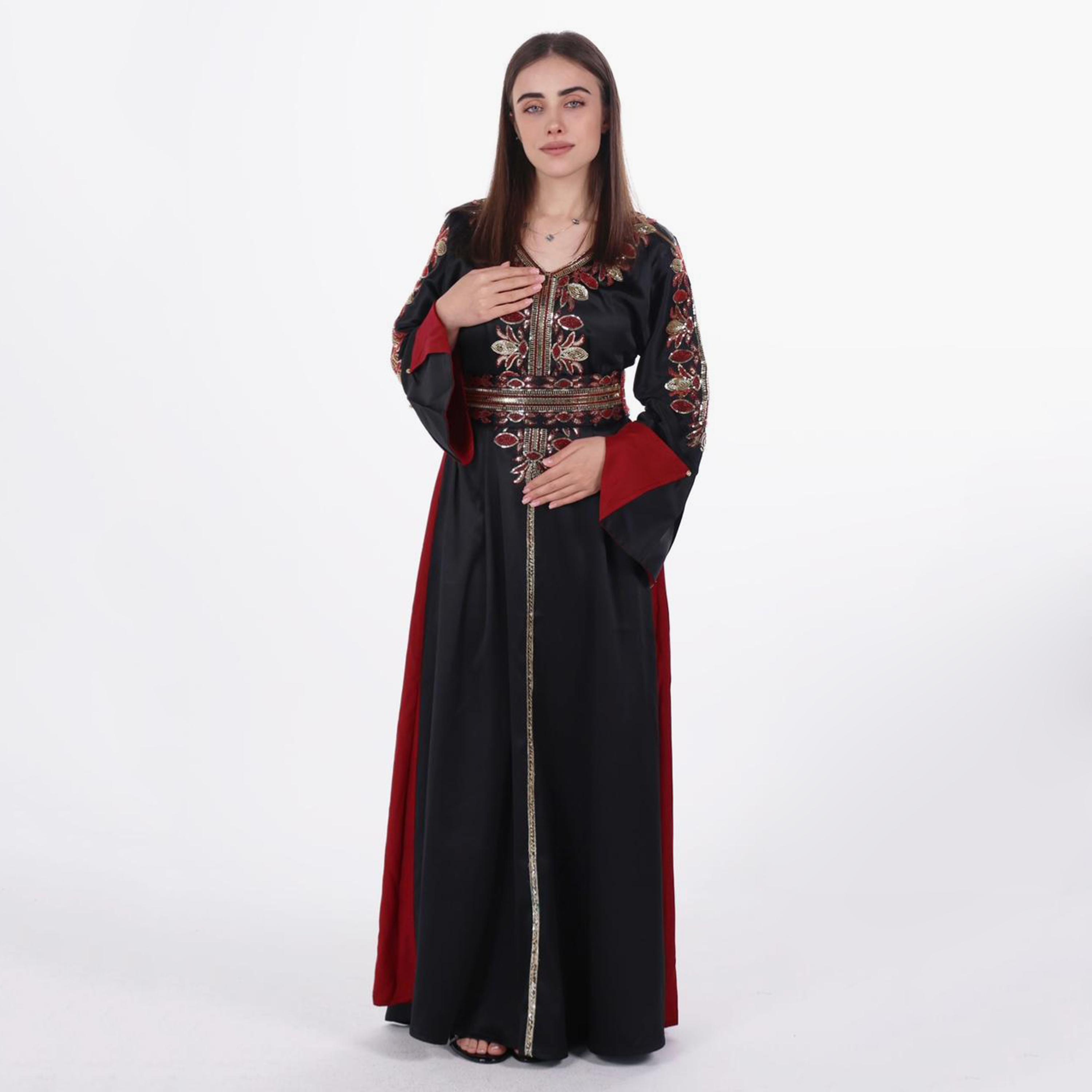 AL BENT AL SHARQIEH Beaded Flared Sleeves Satin Women's Evening Jalabiya with Belt-women-arabicclothing-jalabiyas-image-1