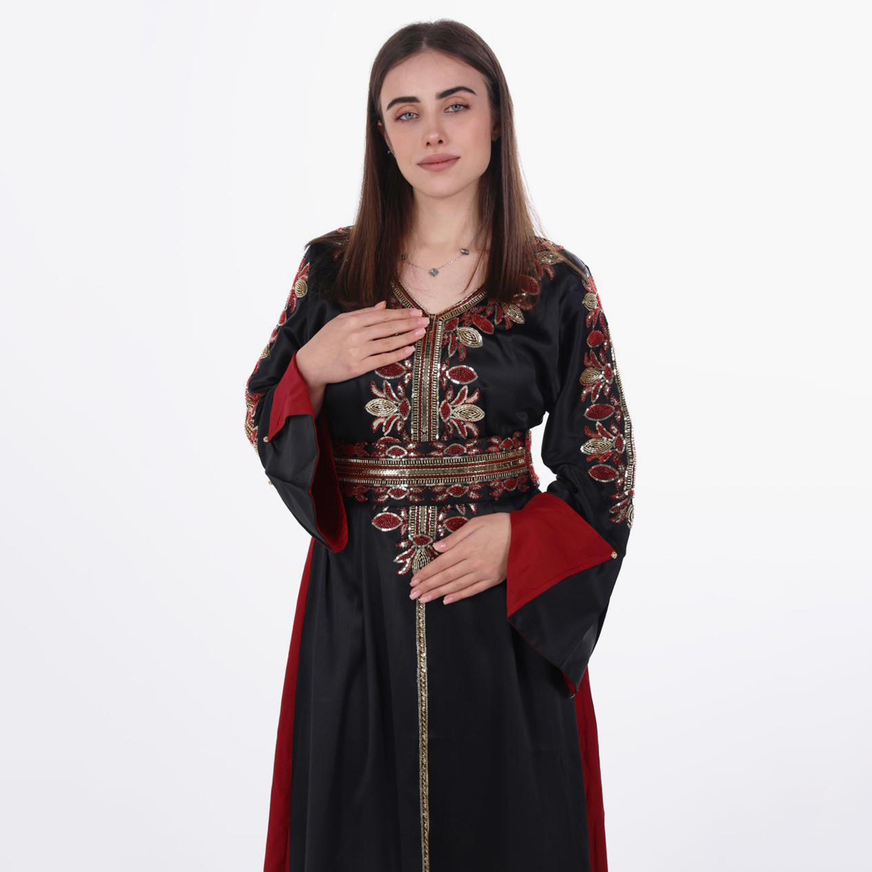 AL BENT AL SHARQIEH Beaded Flared Sleeves Satin Women's Evening Jalabiya with Belt-women-arabicclothing-jalabiyas-image-2