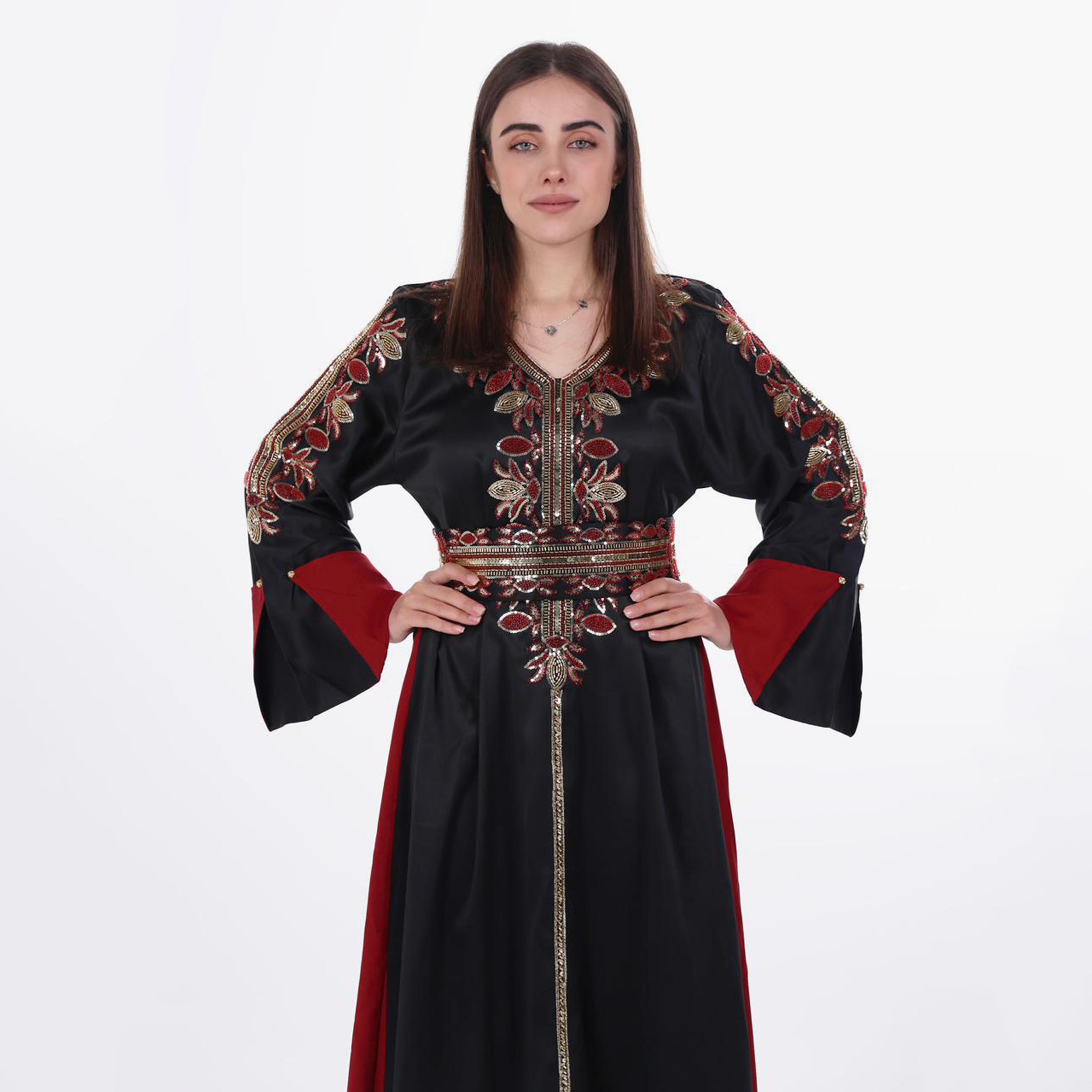 AL BENT AL SHARQIEH Beaded Flared Sleeves Satin Women's Evening Jalabiya with Belt-women-arabicclothing-jalabiyas-image-3