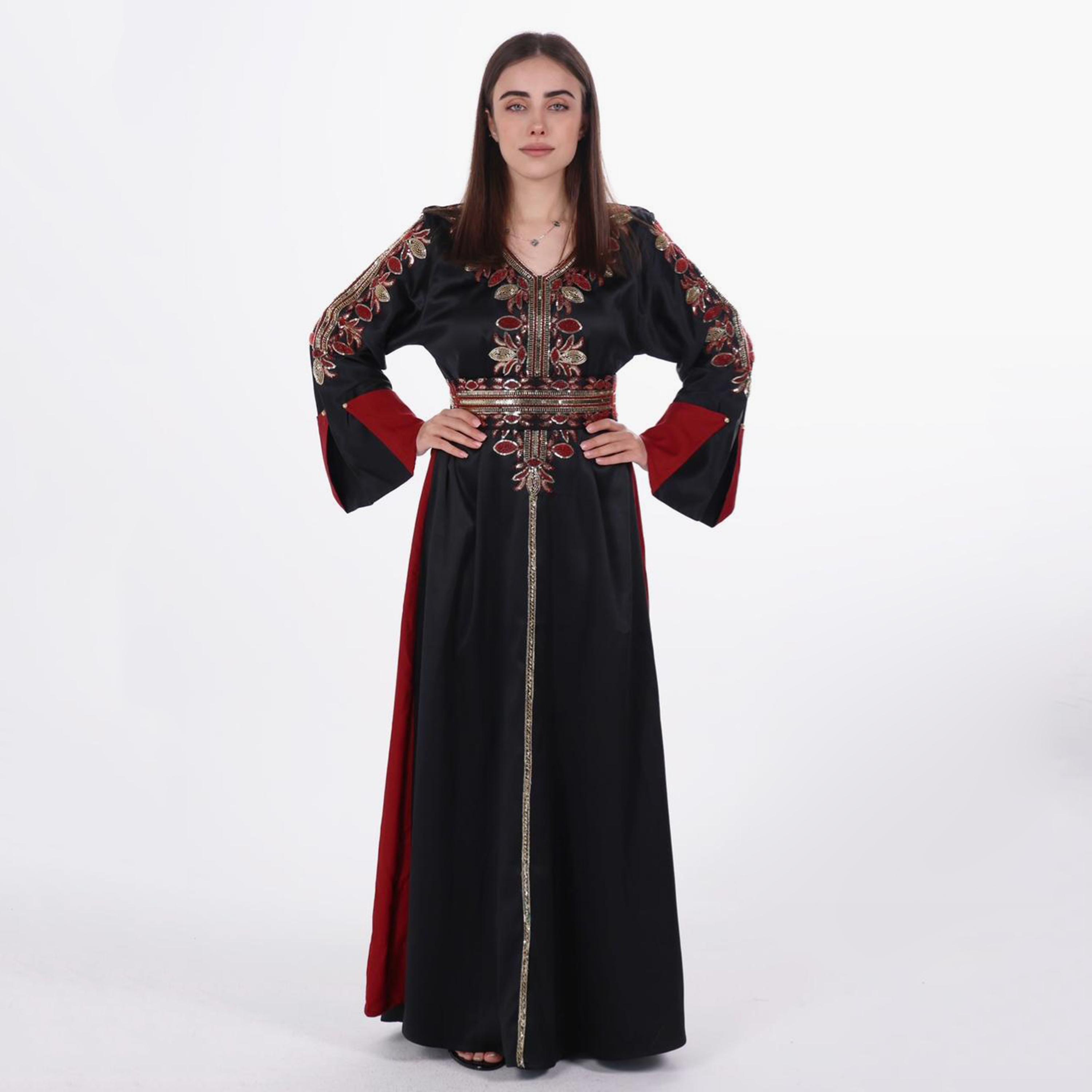 AL BENT AL SHARQIEH Beaded Flared Sleeves Satin Women's Evening Jalabiya with Belt-women-arabicclothing-jalabiyas-image-4