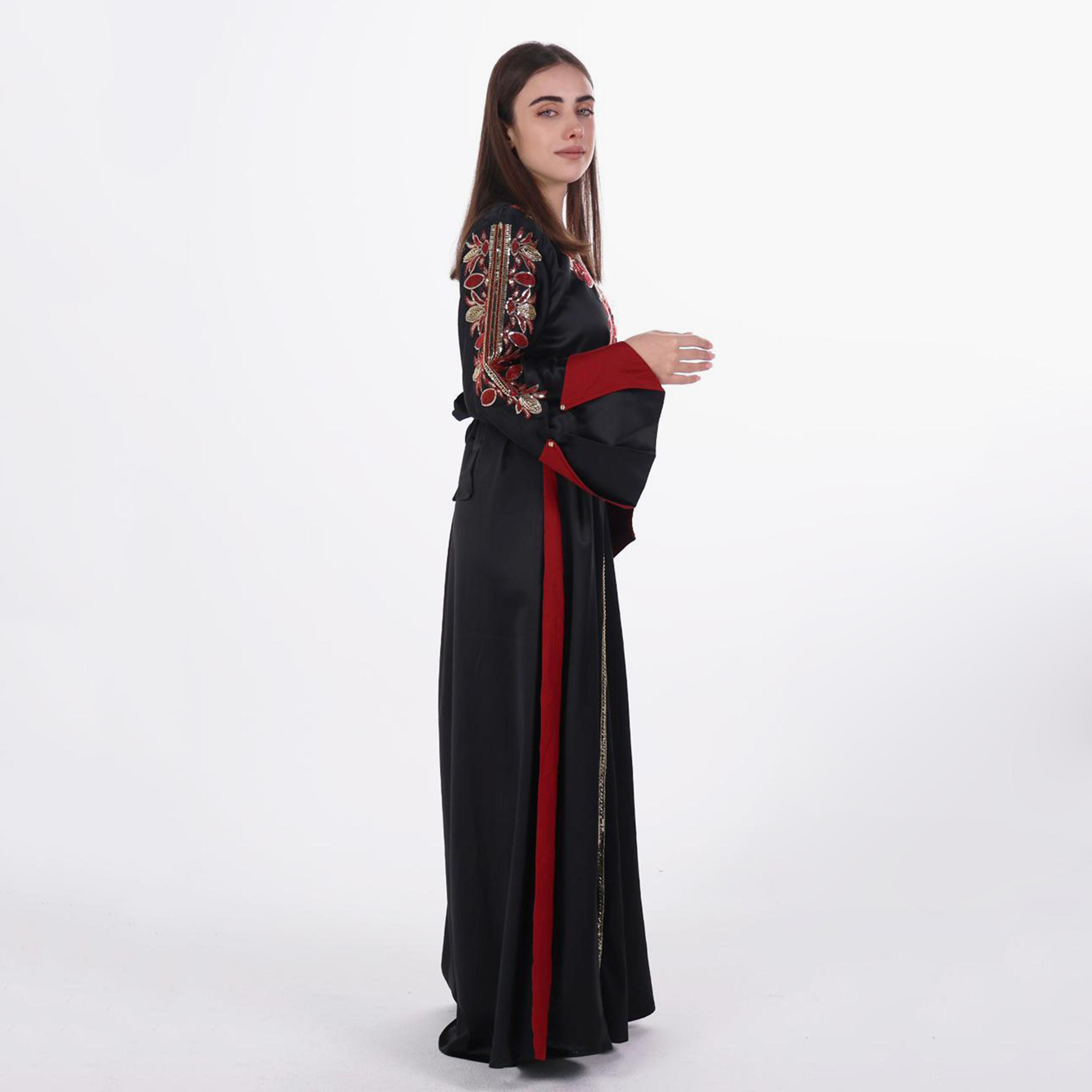 AL BENT AL SHARQIEH Beaded Flared Sleeves Satin Women's Evening Jalabiya with Belt-women-arabicclothing-jalabiyas-image-5