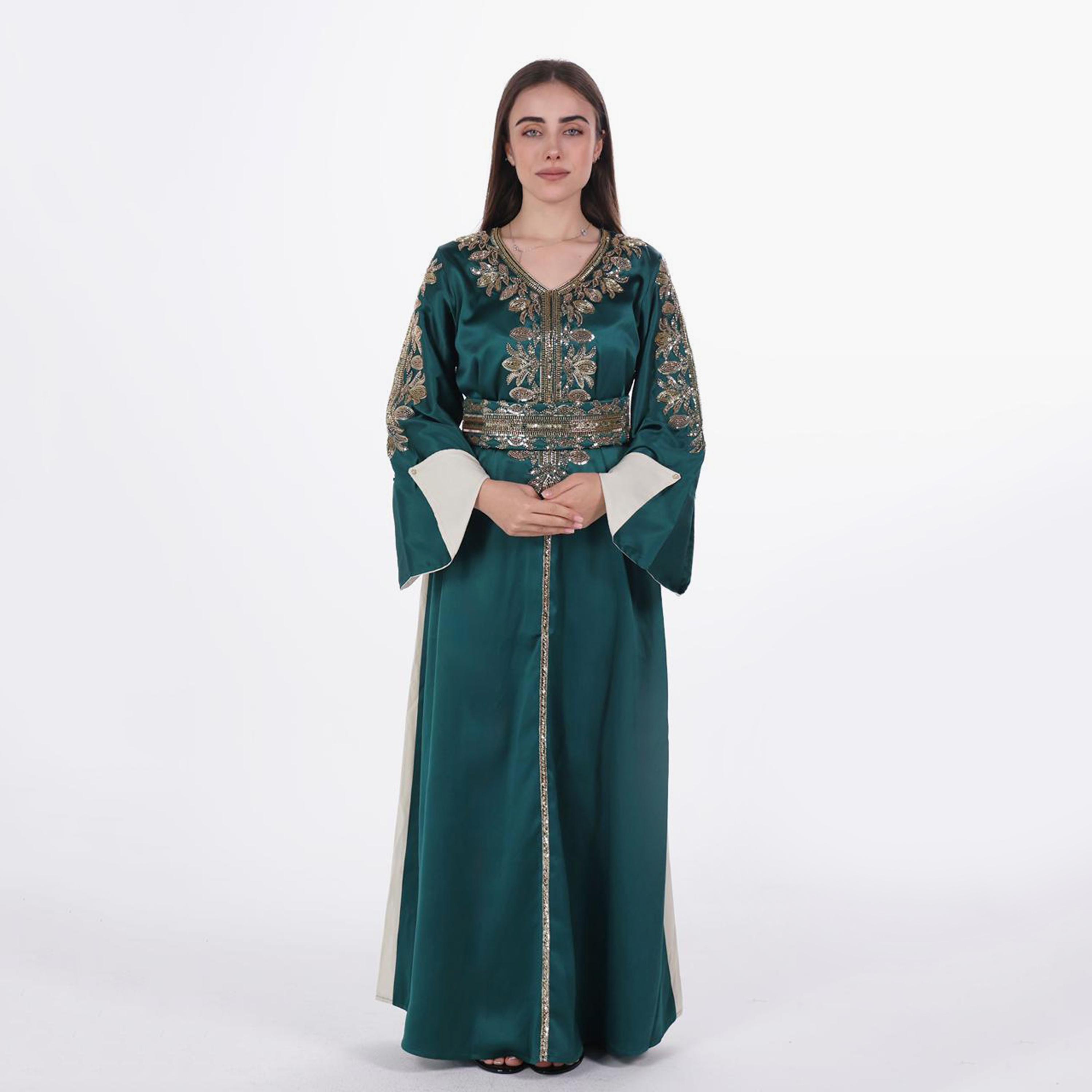 AL BENT AL SHARQIEH Beaded Flared Sleeves Satin Women's Evening Jalabiya with Belt-women-arabicclothing-jalabiyas-image-1