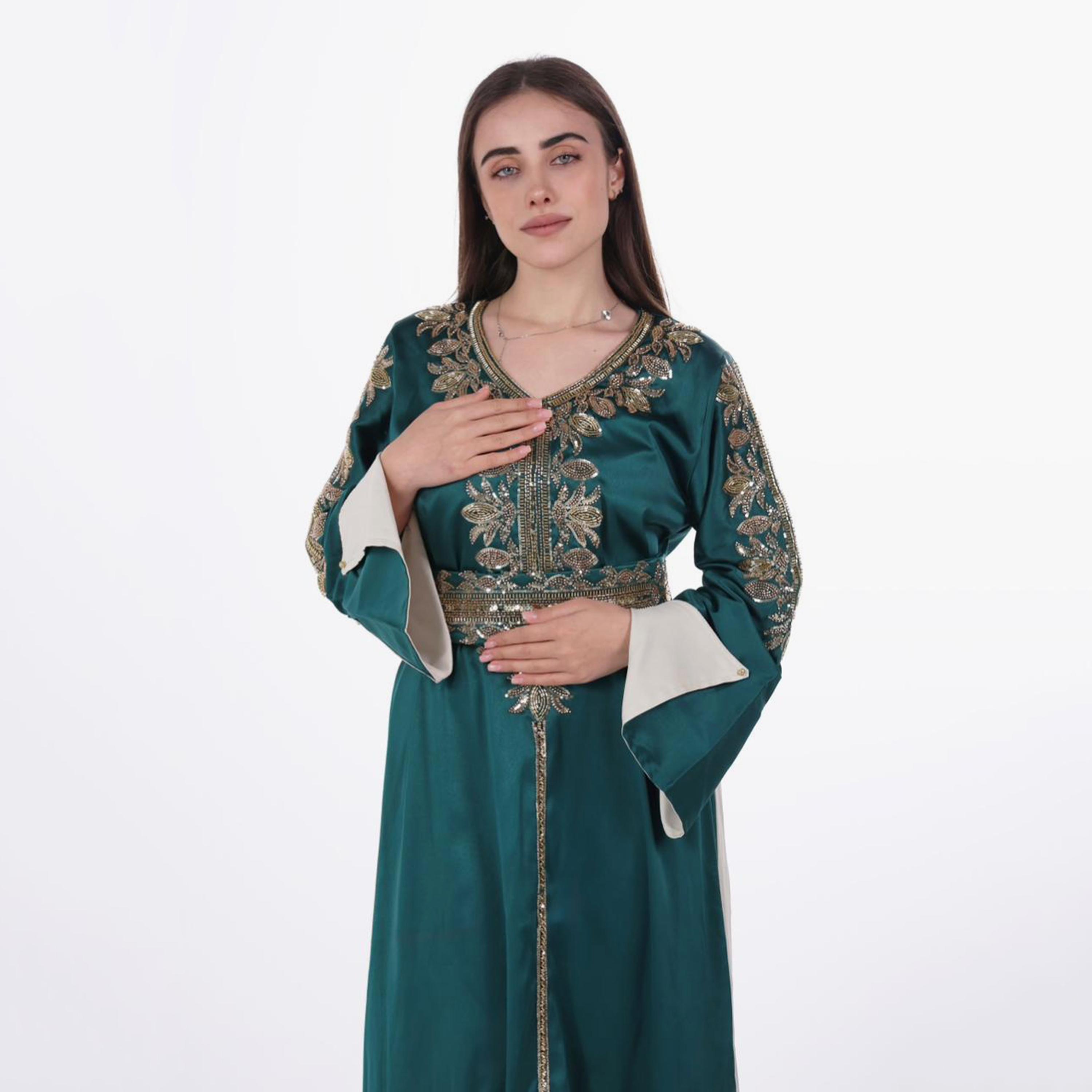 AL BENT AL SHARQIEH Beaded Flared Sleeves Satin Women's Evening Jalabiya with Belt-women-arabicclothing-jalabiyas-image-2