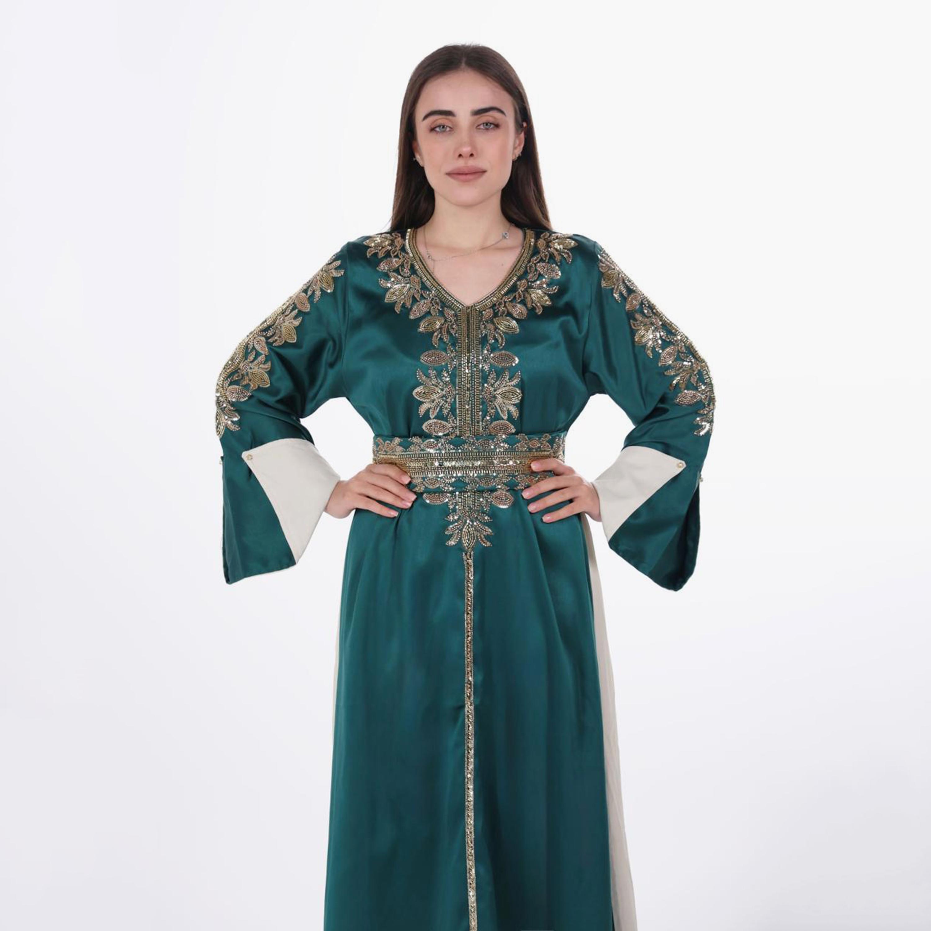 AL BENT AL SHARQIEH Beaded Flared Sleeves Satin Women's Evening Jalabiya with Belt-women-arabicclothing-jalabiyas-image-3