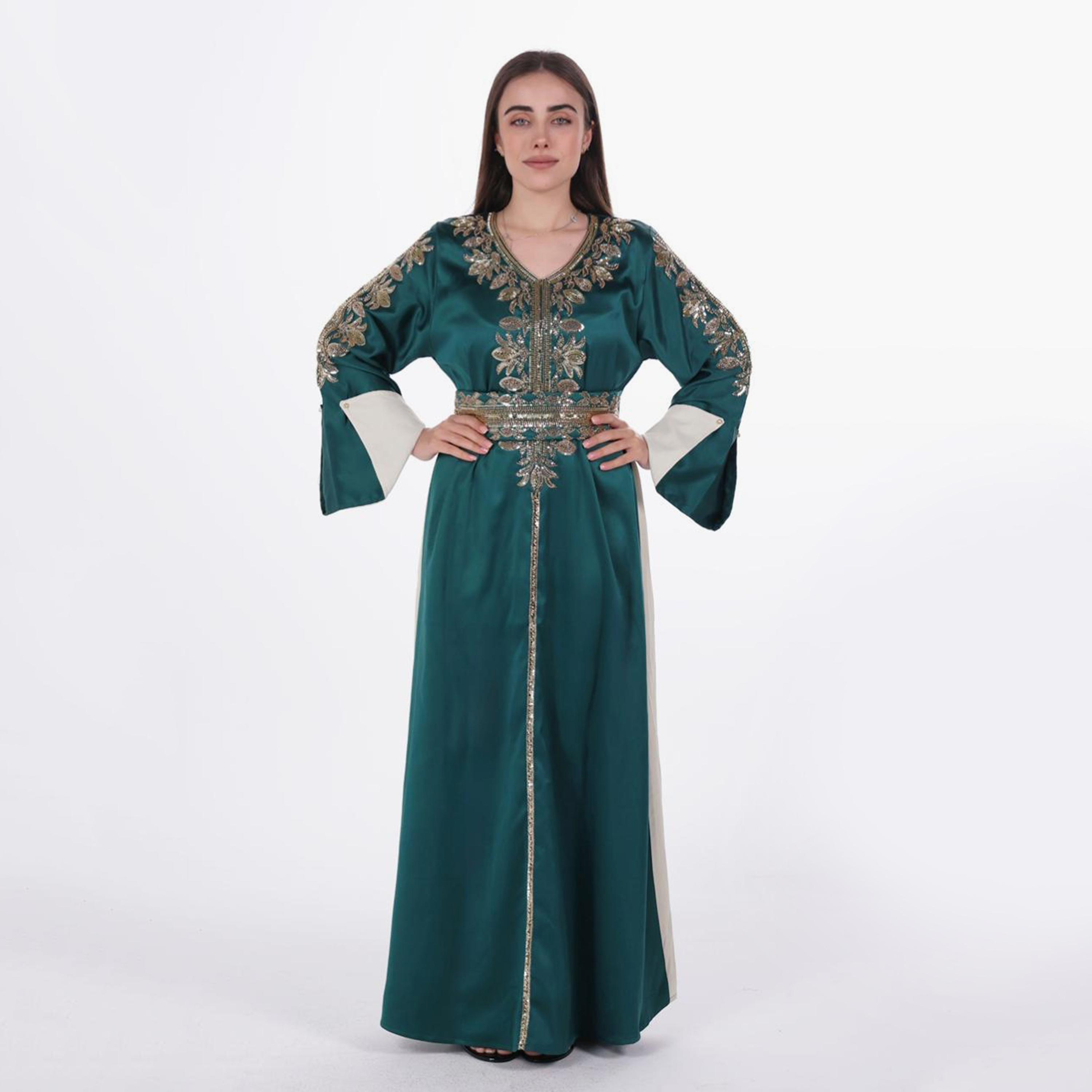 AL BENT AL SHARQIEH Beaded Flared Sleeves Satin Women's Evening Jalabiya with Belt-women-arabicclothing-jalabiyas-image-4
