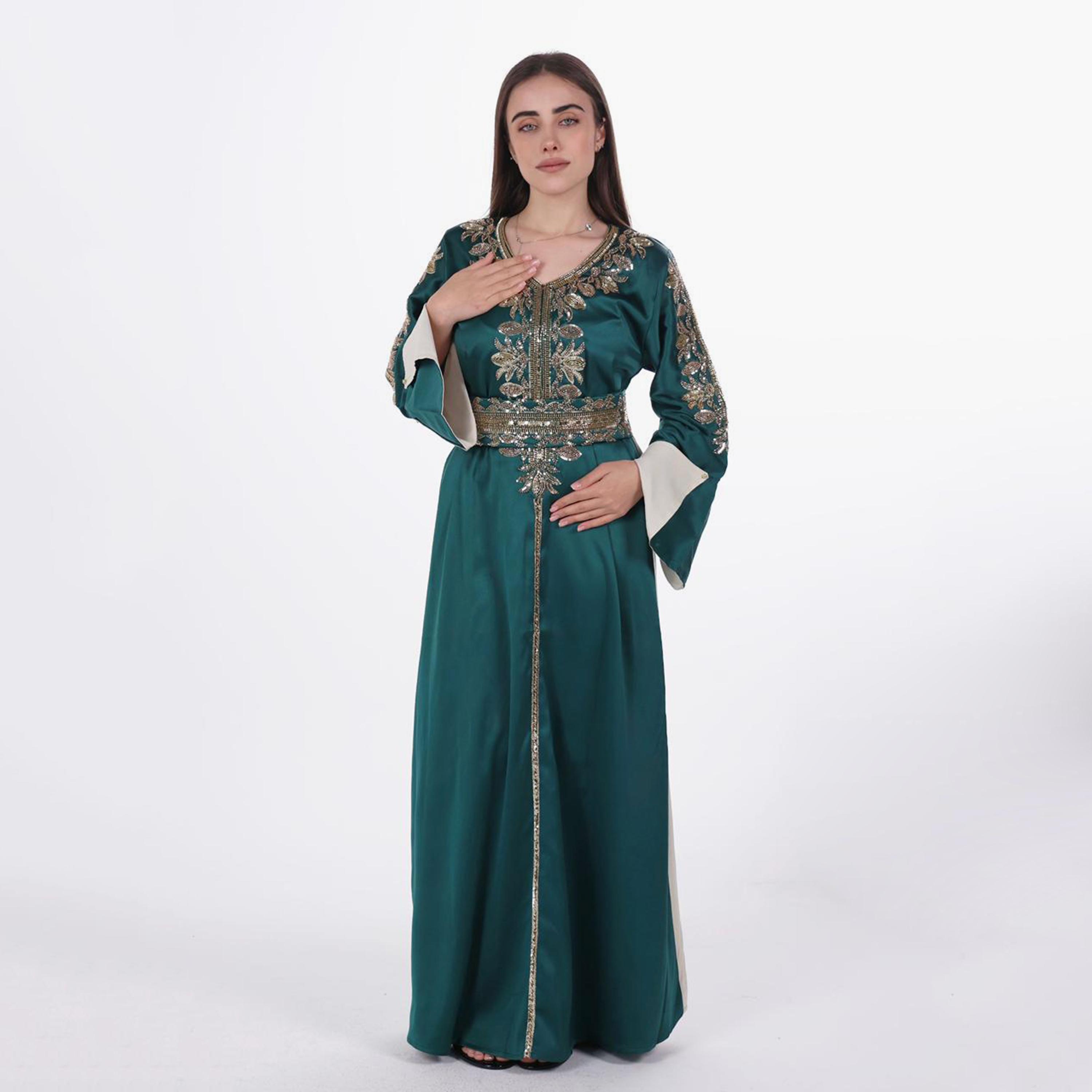 AL BENT AL SHARQIEH Beaded Flared Sleeves Satin Women's Evening Jalabiya with Belt-women-arabicclothing-jalabiyas-image-5