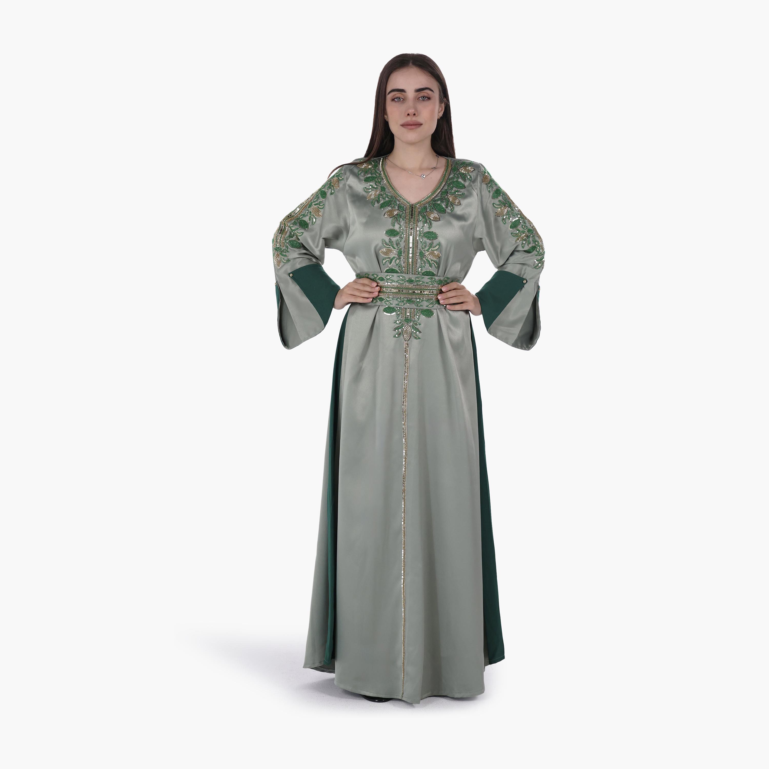 AL BENT AL SHARQIEH Beaded Flared Sleeves Satin Women's Evening Jalabiya with Belt-women-arabicclothing-jalabiyas-image-1