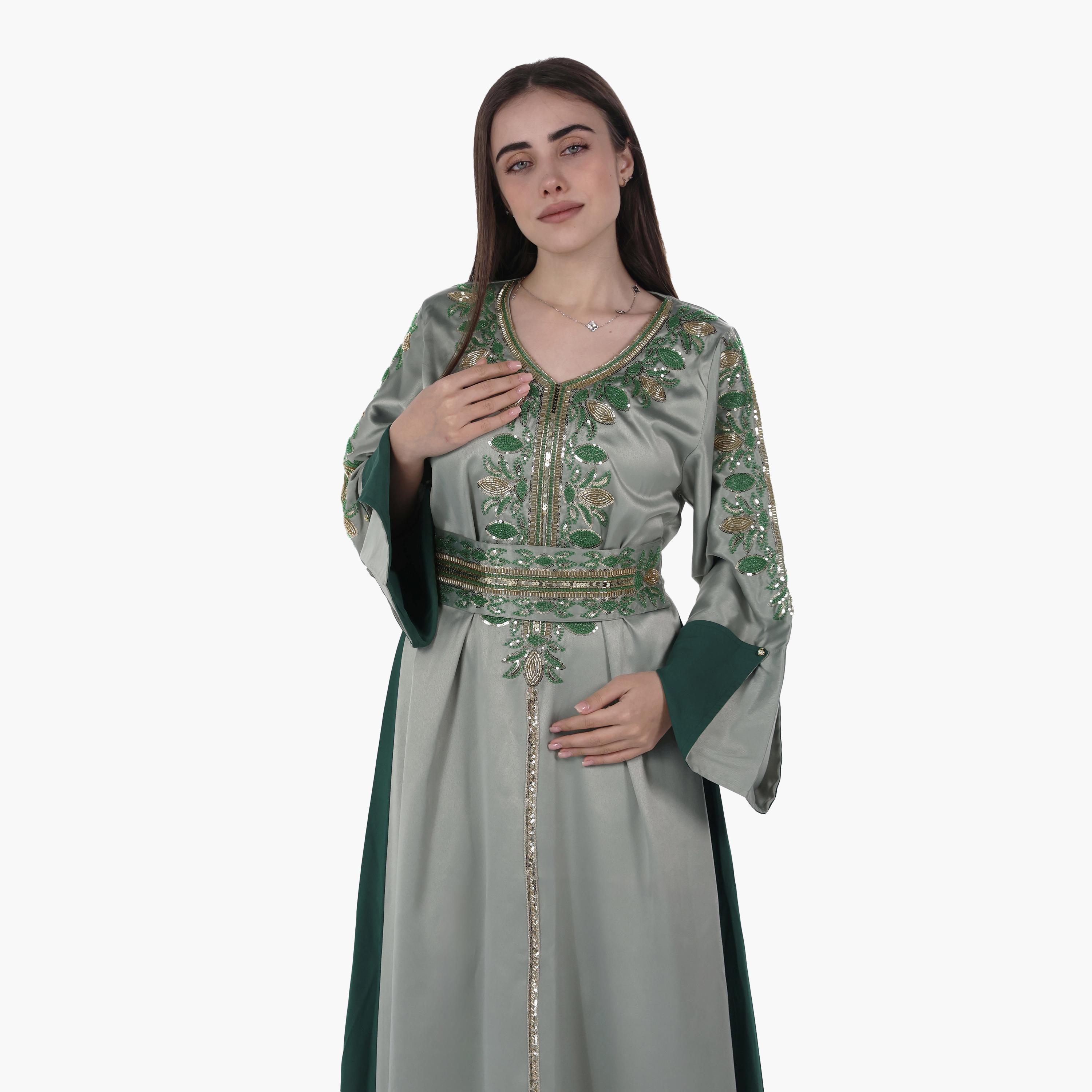 AL BENT AL SHARQIEH Beaded Flared Sleeves Satin Women's Evening Jalabiya with Belt-women-arabicclothing-jalabiyas-image-2