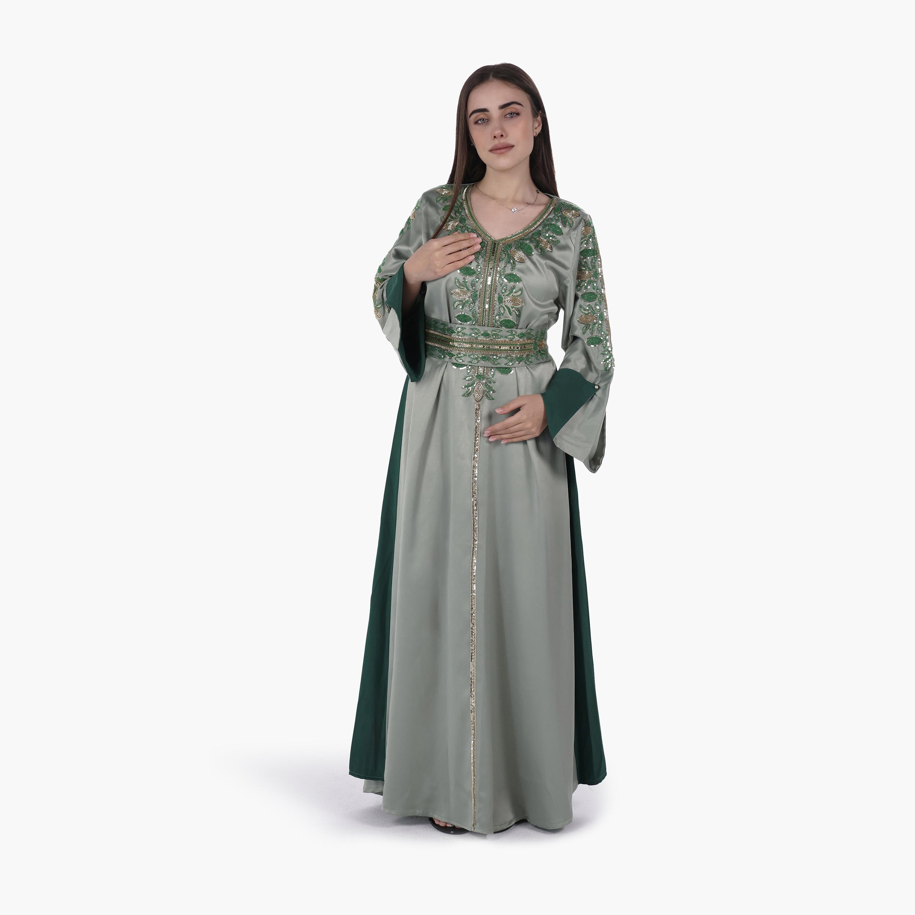 AL BENT AL SHARQIEH Beaded Flared Sleeves Satin Women's Evening Jalabiya with Belt-women-arabicclothing-jalabiyas-image-3