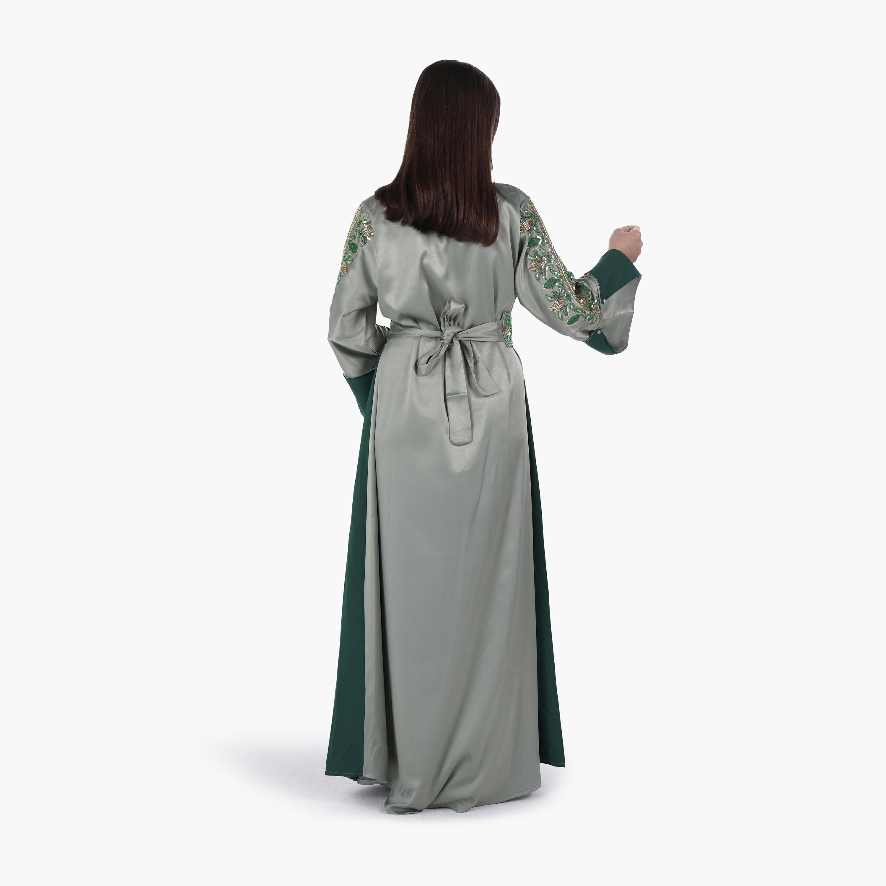 AL BENT AL SHARQIEH Beaded Flared Sleeves Satin Women's Evening Jalabiya with Belt-women-arabicclothing-jalabiyas-image-4