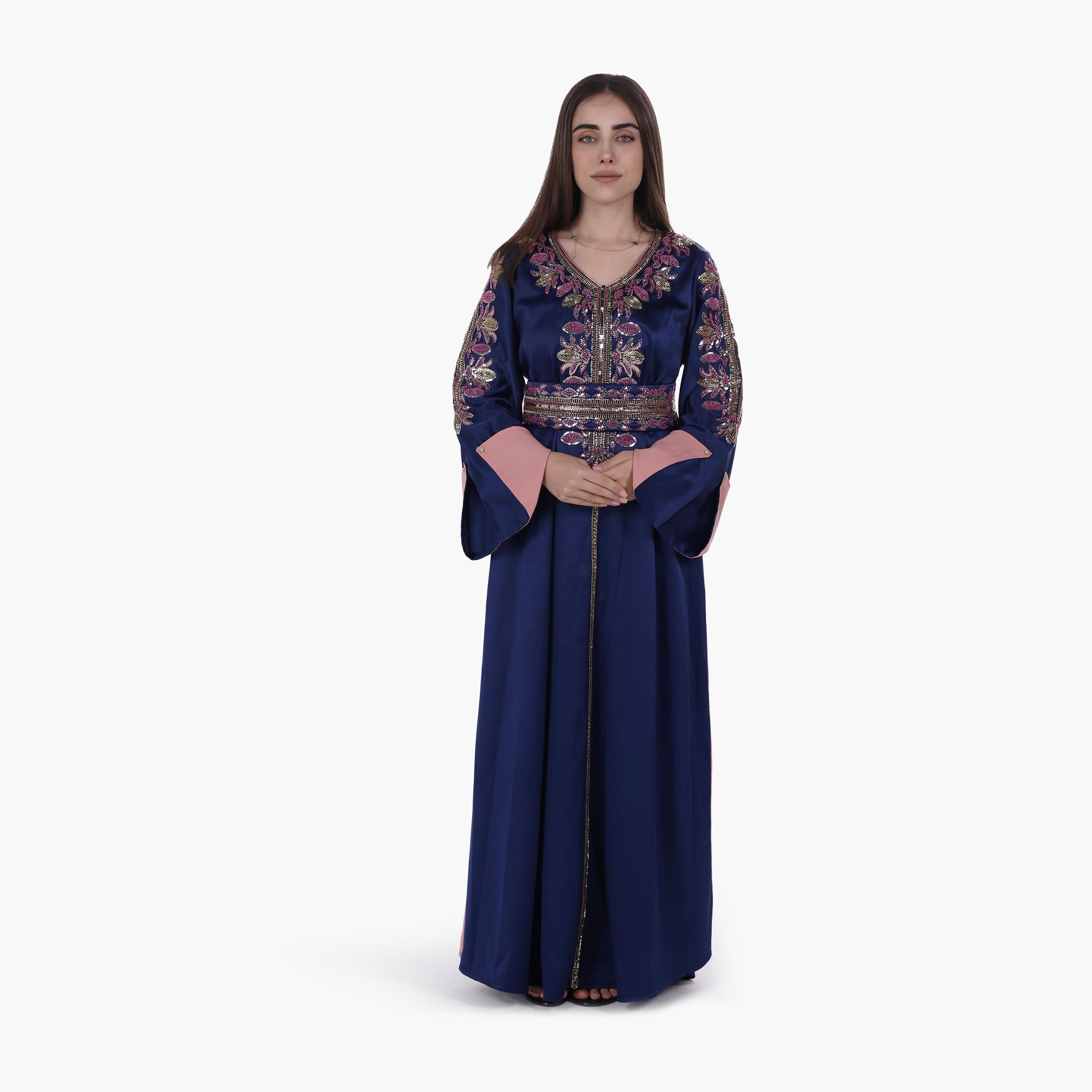 AL BENT AL SHARQIEH Beaded Flared Sleeves Satin Women's Evening Jalabiya with Belt-women-arabicclothing-jalabiyas-image-1