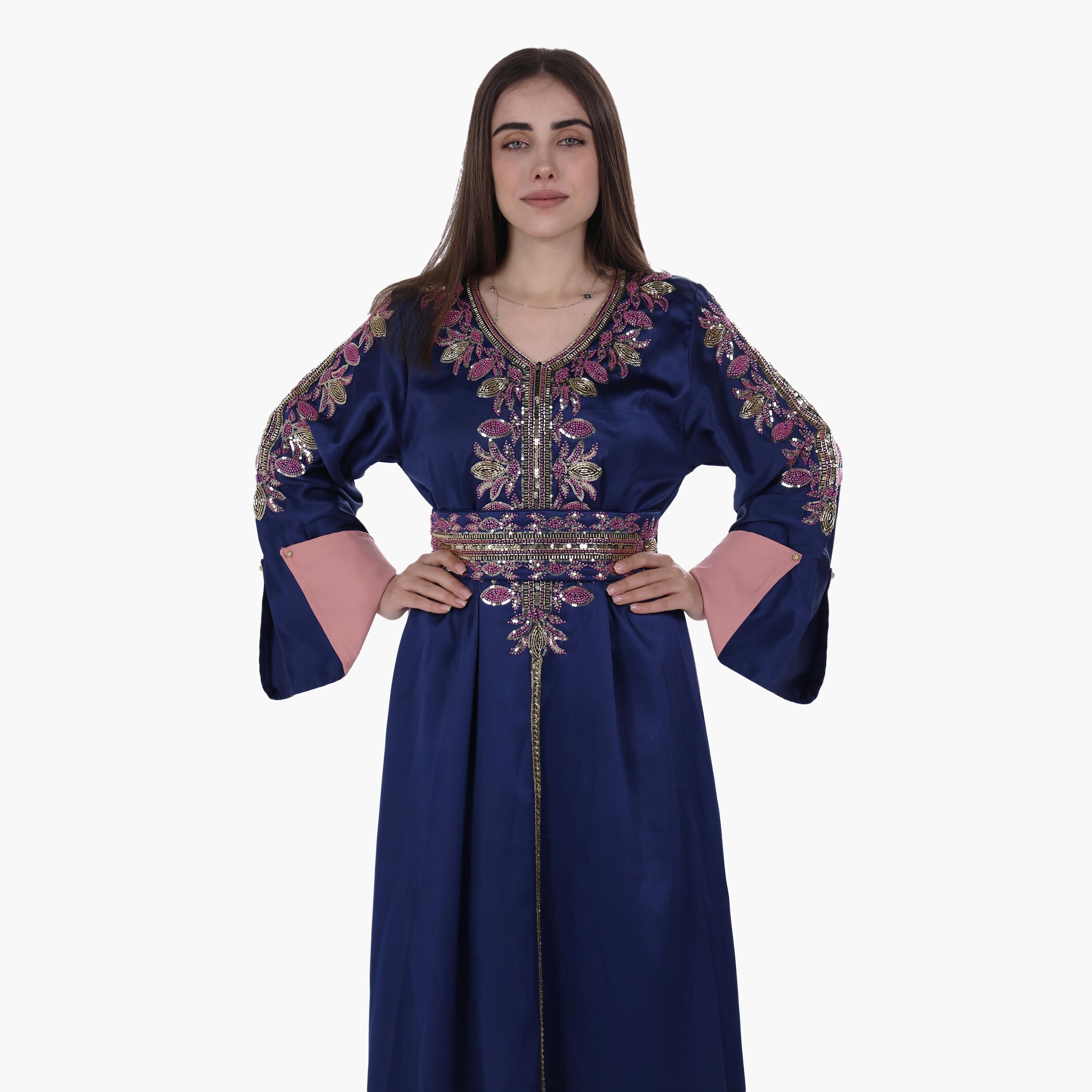 AL BENT AL SHARQIEH Beaded Flared Sleeves Satin Women's Evening Jalabiya with Belt-women-arabicclothing-jalabiyas-image-2