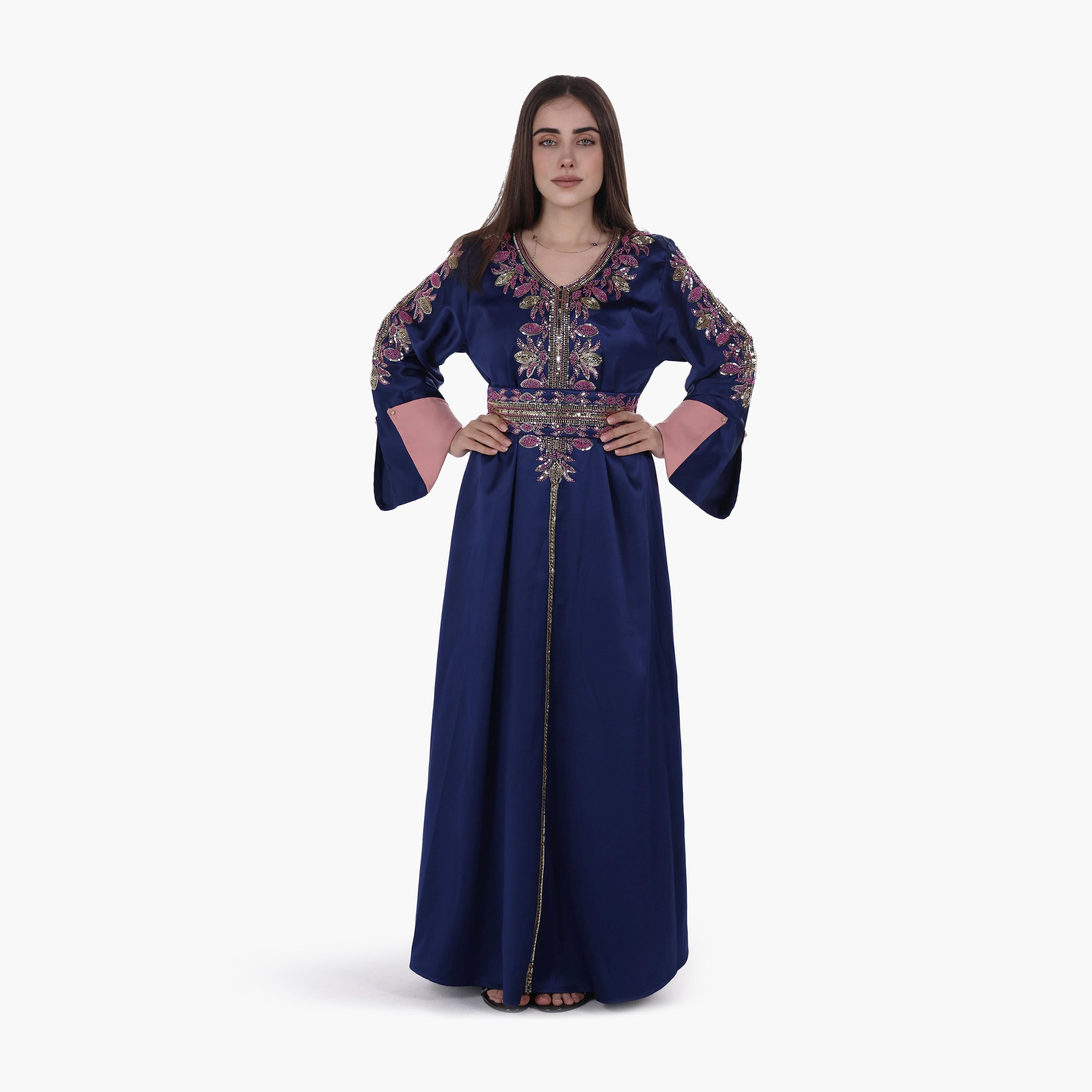 AL BENT AL SHARQIEH Beaded Flared Sleeves Satin Women's Evening Jalabiya with Belt-women-arabicclothing-jalabiyas-image-3