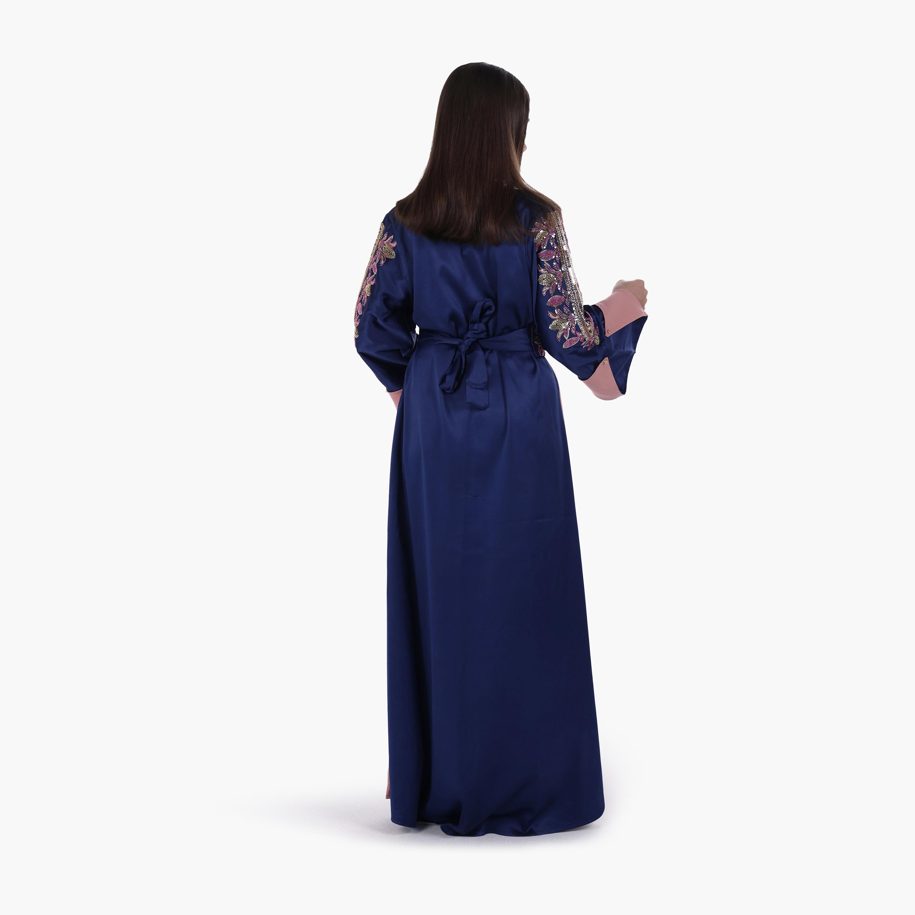 AL BENT AL SHARQIEH Beaded Flared Sleeves Satin Women's Evening Jalabiya with Belt-women-arabicclothing-jalabiyas-image-4