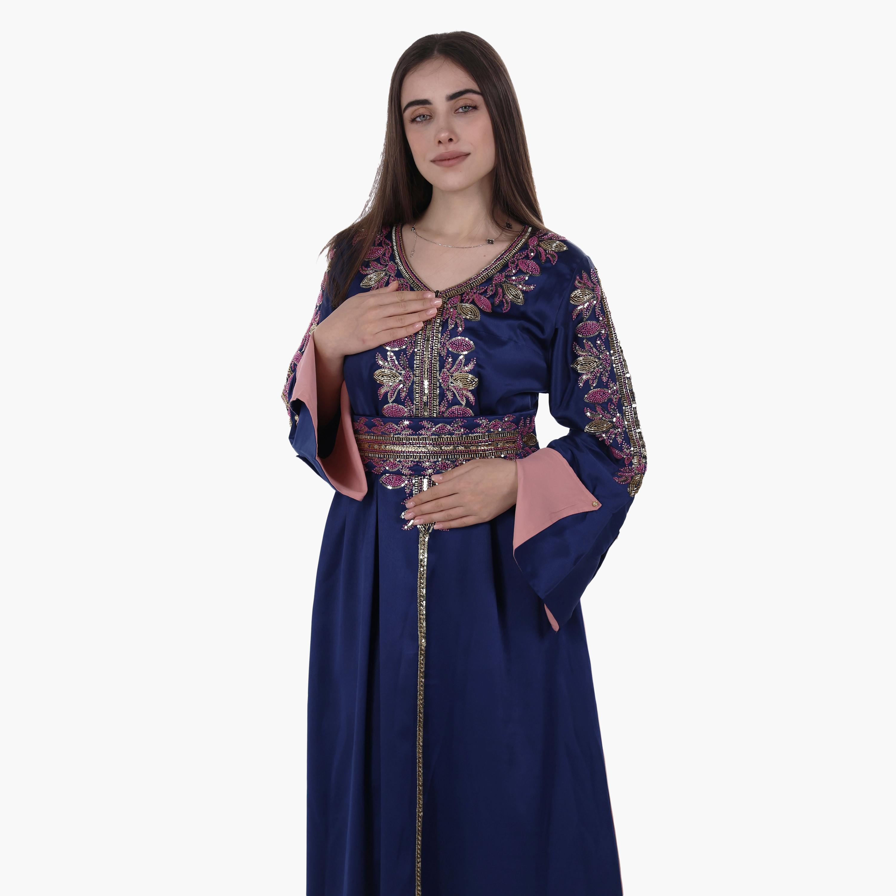 AL BENT AL SHARQIEH Beaded Flared Sleeves Satin Women's Evening Jalabiya with Belt-women-arabicclothing-jalabiyas-image-5