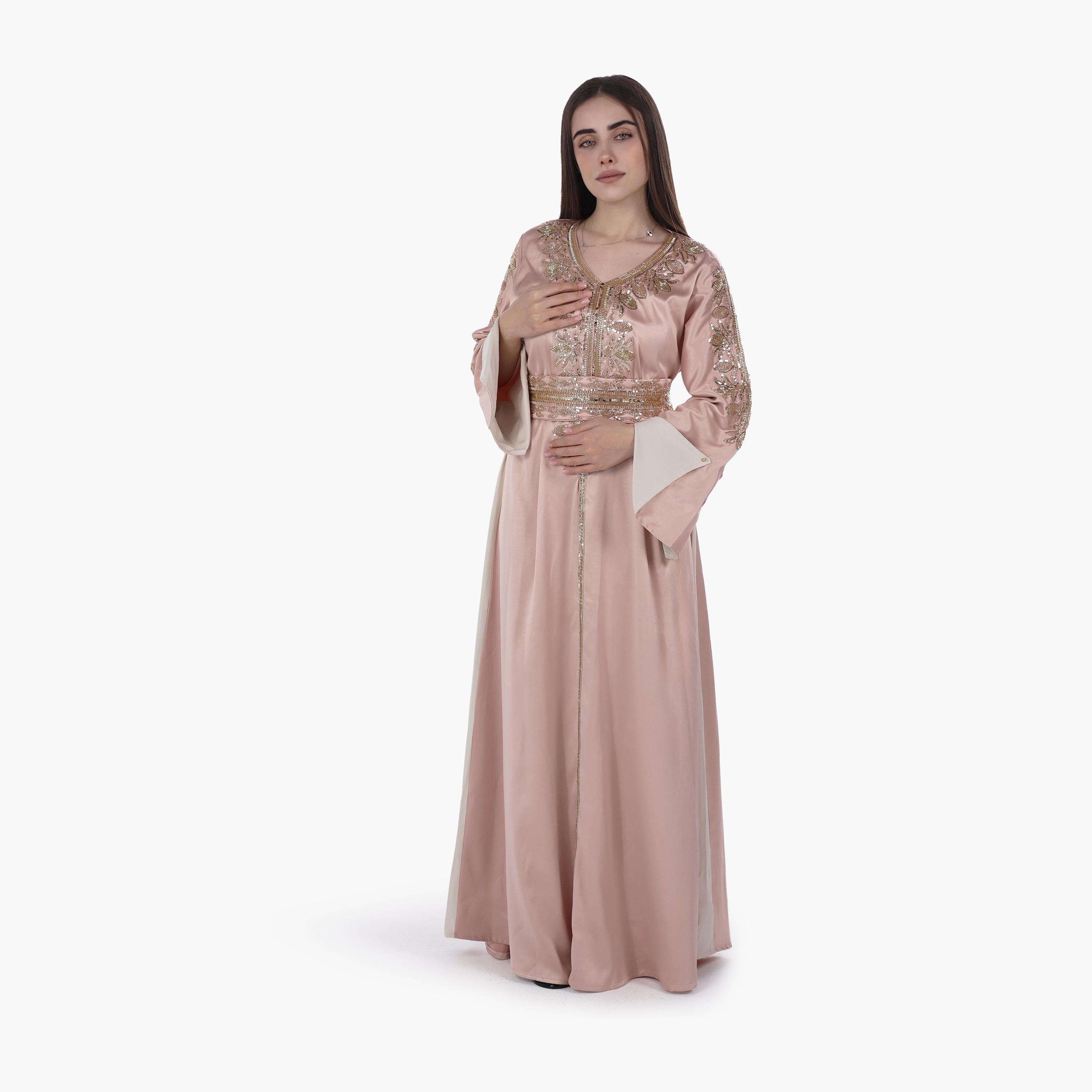 جلابية سهرة نسائية بخرز وأكمام واسعة وحزام قماش ساتان من البنت الشرقية-women-arabicclothing-jalabiyas-image-1