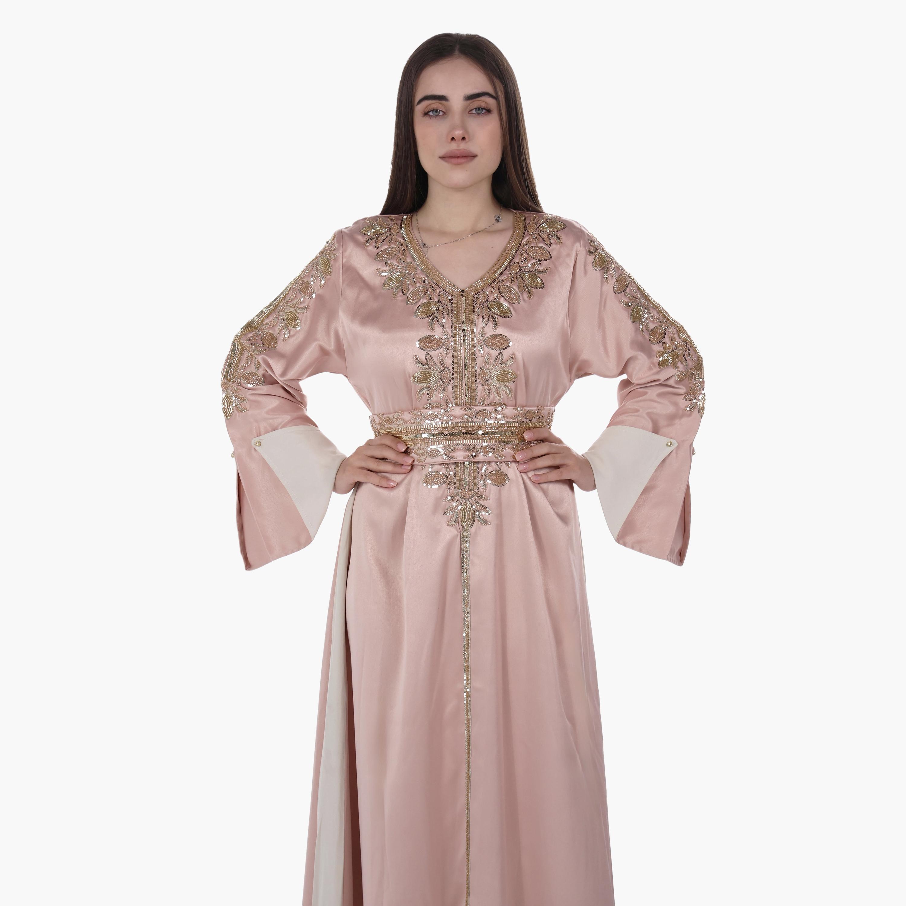 جلابية سهرة نسائية بخرز وأكمام واسعة وحزام قماش ساتان من البنت الشرقية-women-arabicclothing-jalabiyas-image-2