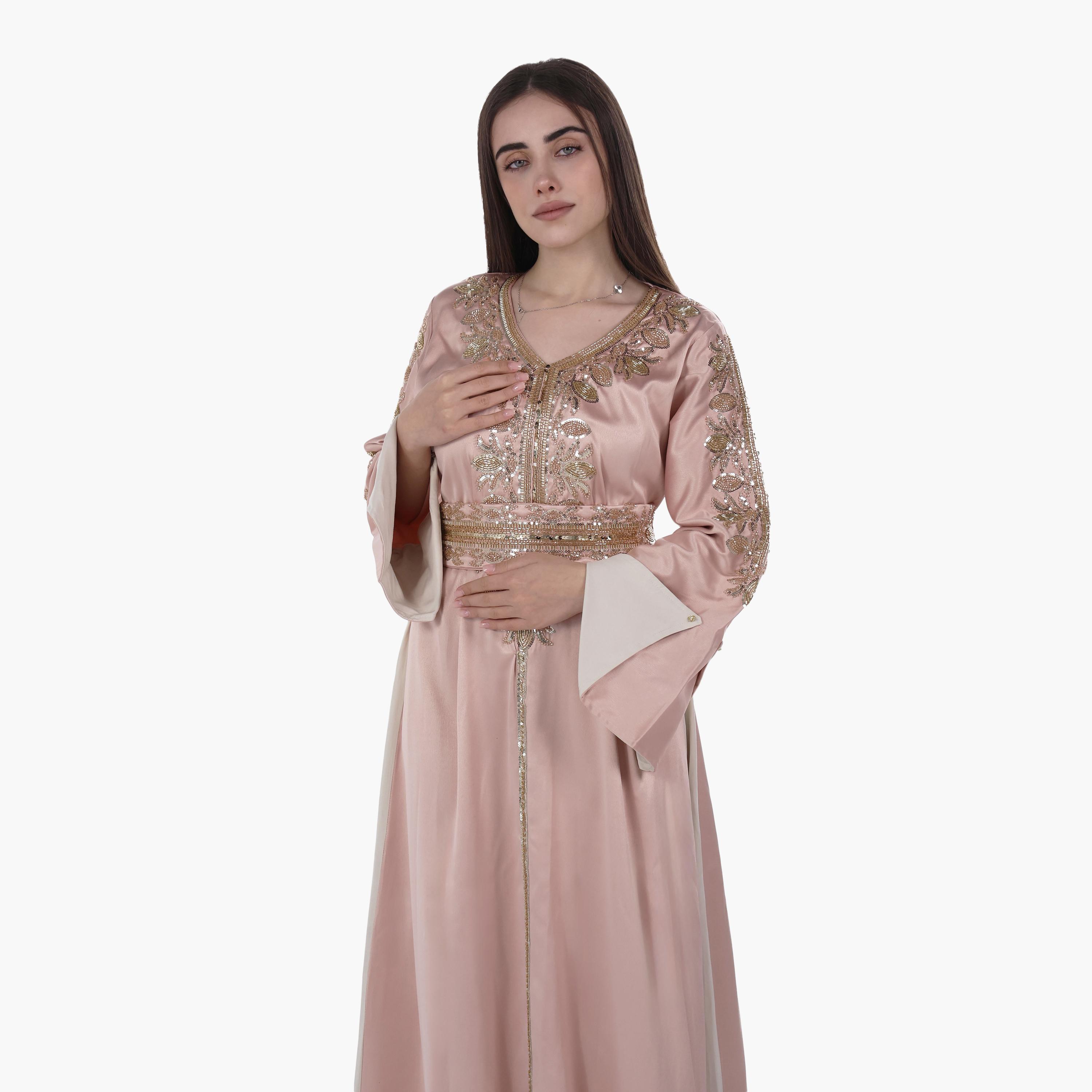 جلابية سهرة نسائية بخرز وأكمام واسعة وحزام قماش ساتان من البنت الشرقية-women-arabicclothing-jalabiyas-image-5