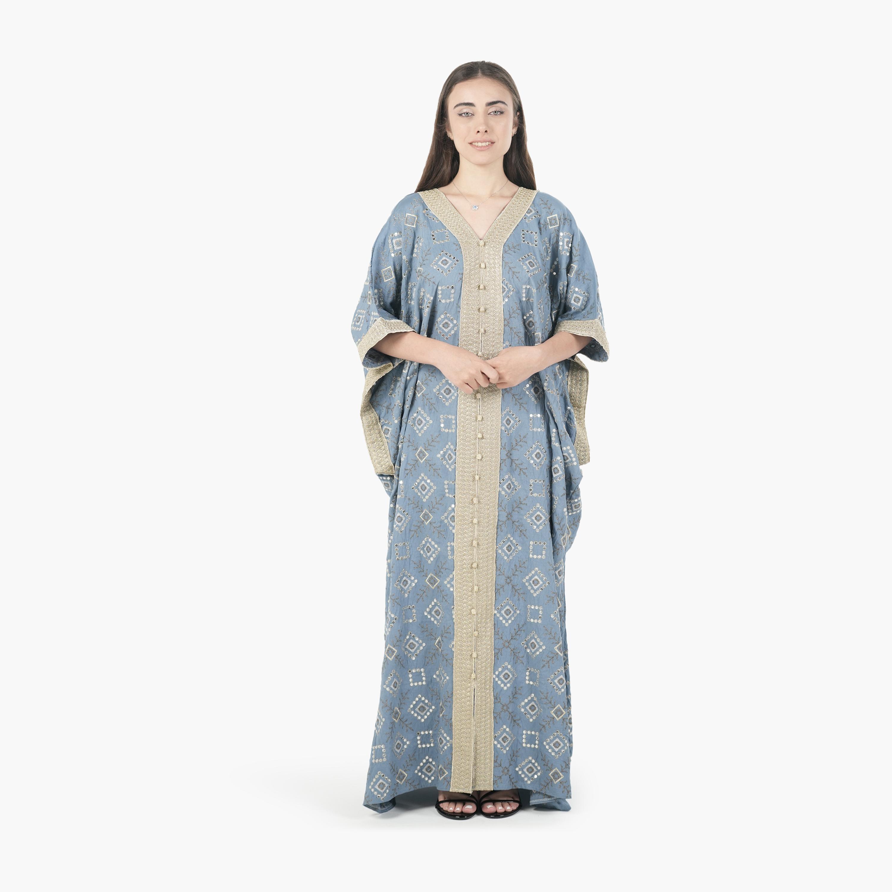 AL BENT AL SHARQIEH Embroidered Batwing Sleeves Linen Women's Evening Kaftan Style Jalabiya-women-arabicclothing-jalabiyas-image-1