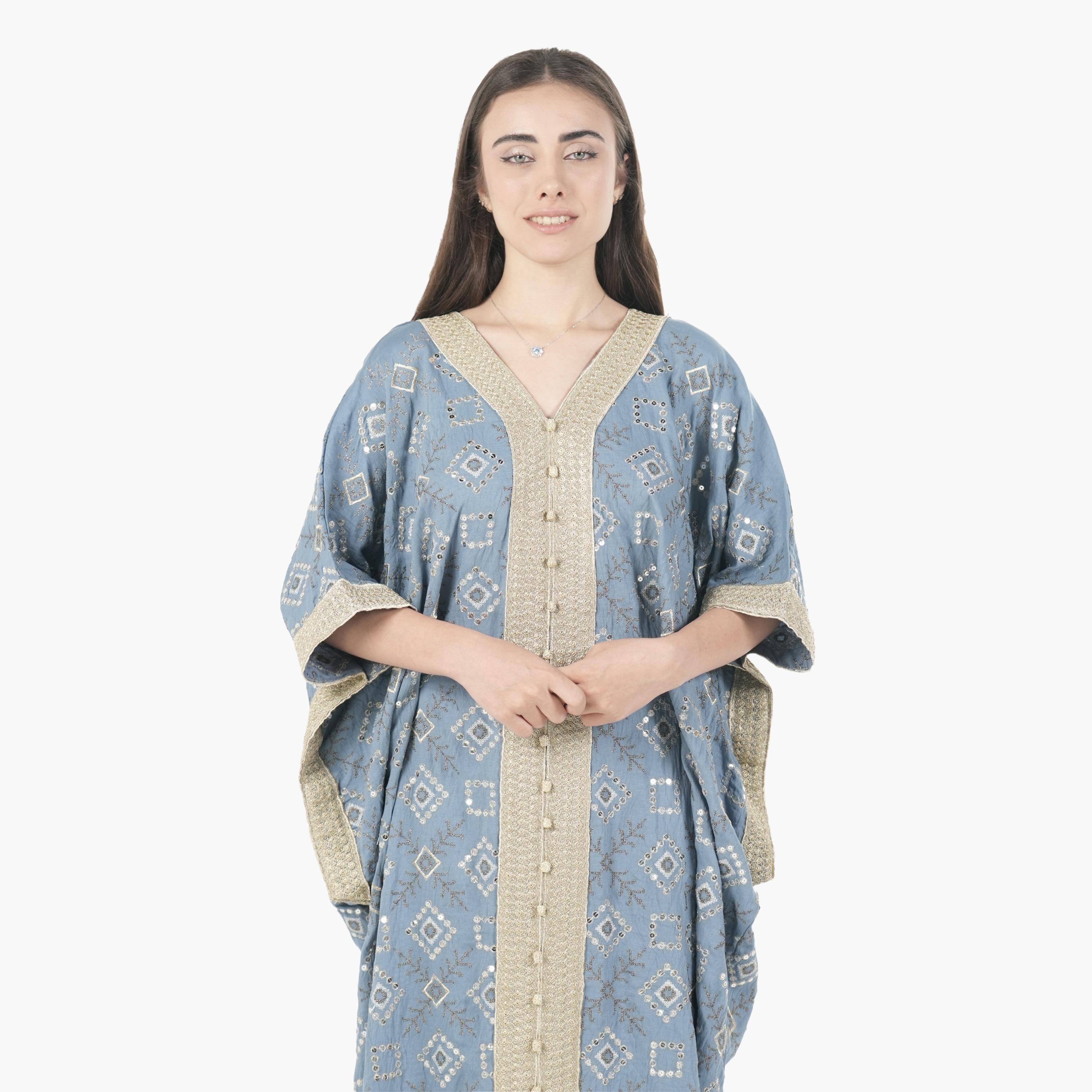 AL BENT AL SHARQIEH Embroidered Batwing Sleeves Linen Women's Evening Kaftan Style Jalabiya-women-arabicclothing-jalabiyas-image-2