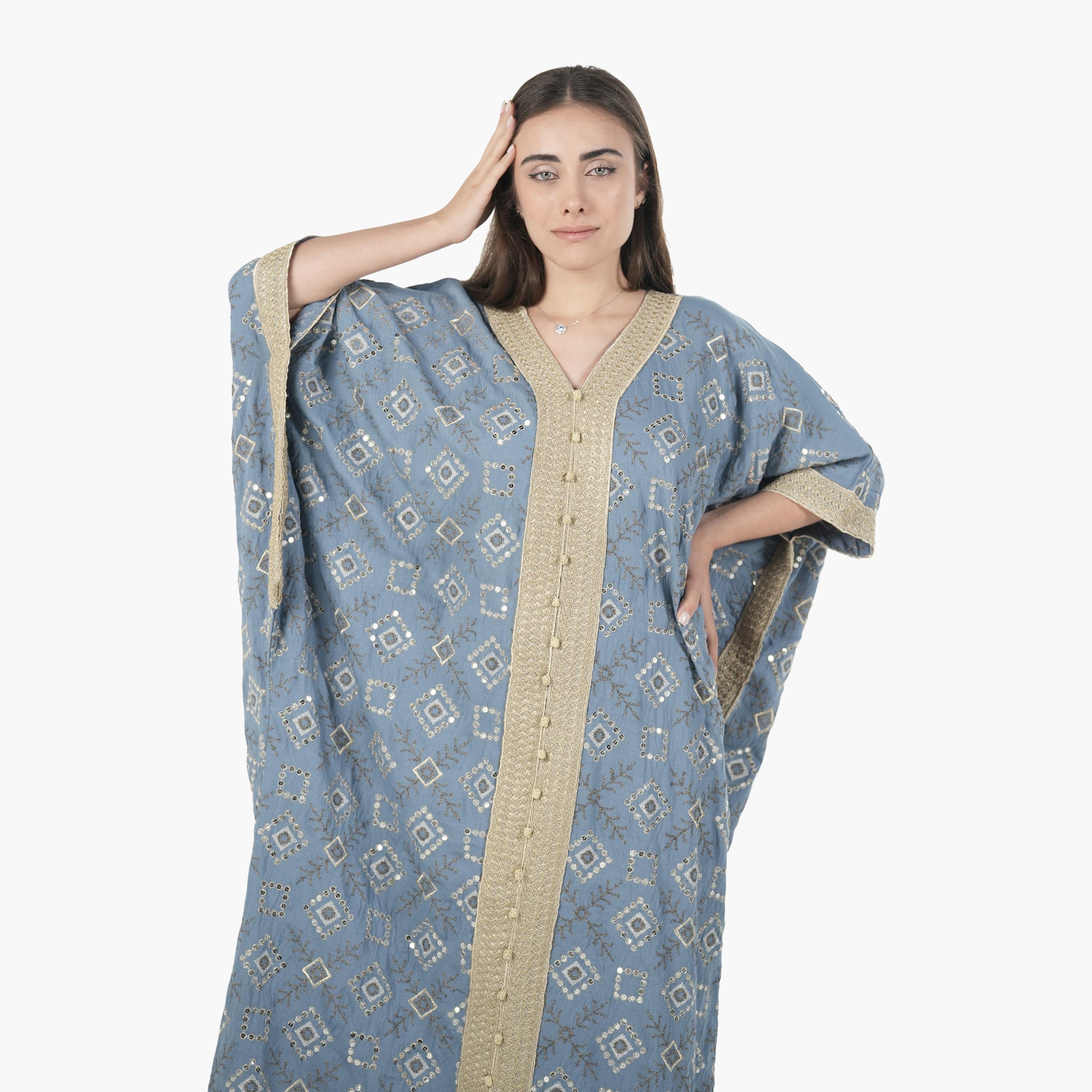 AL BENT AL SHARQIEH Embroidered Batwing Sleeves Linen Women's Evening Kaftan Style Jalabiya-women-arabicclothing-jalabiyas-image-3