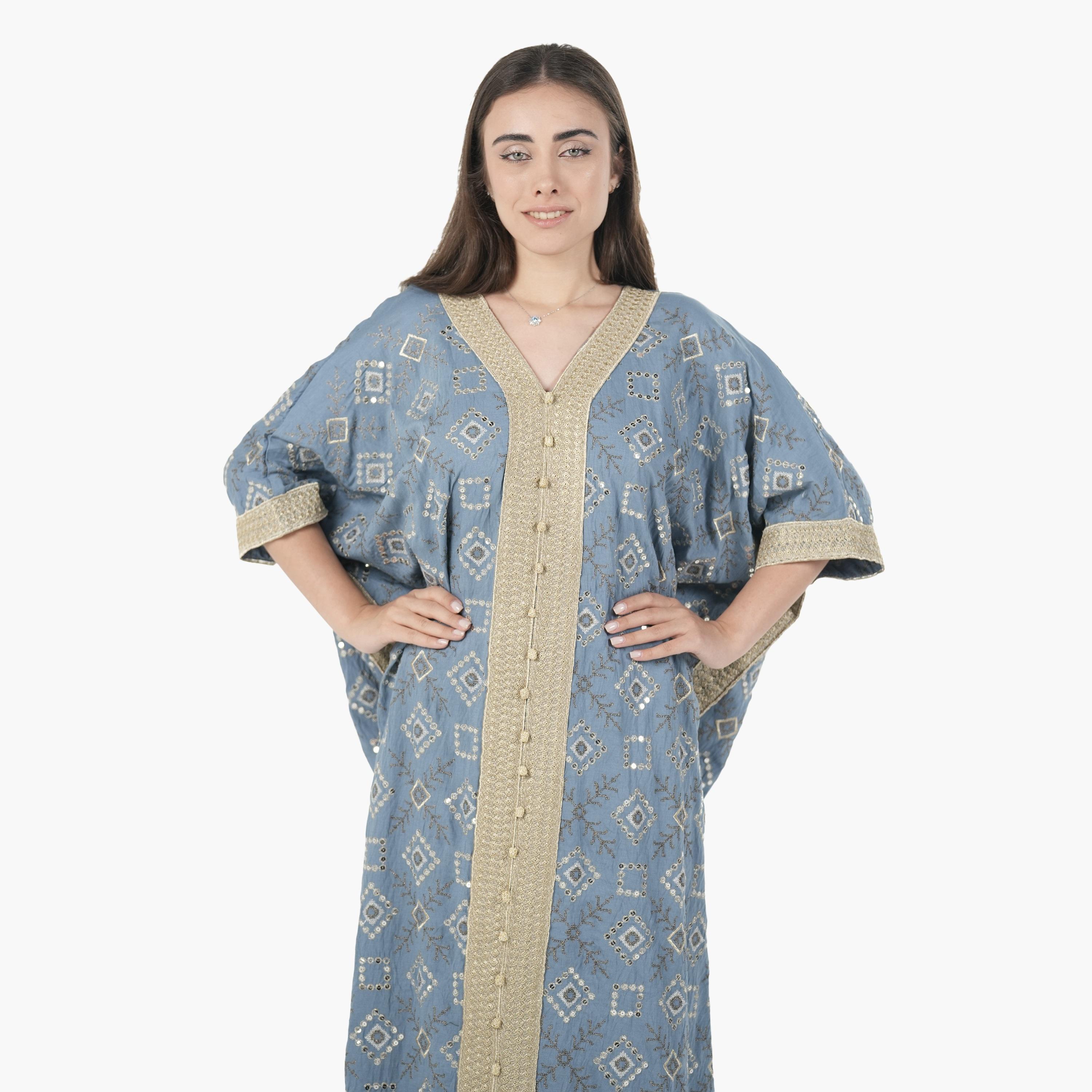 AL BENT AL SHARQIEH Embroidered Batwing Sleeves Linen Women's Evening Kaftan Style Jalabiya-women-arabicclothing-jalabiyas-image-4
