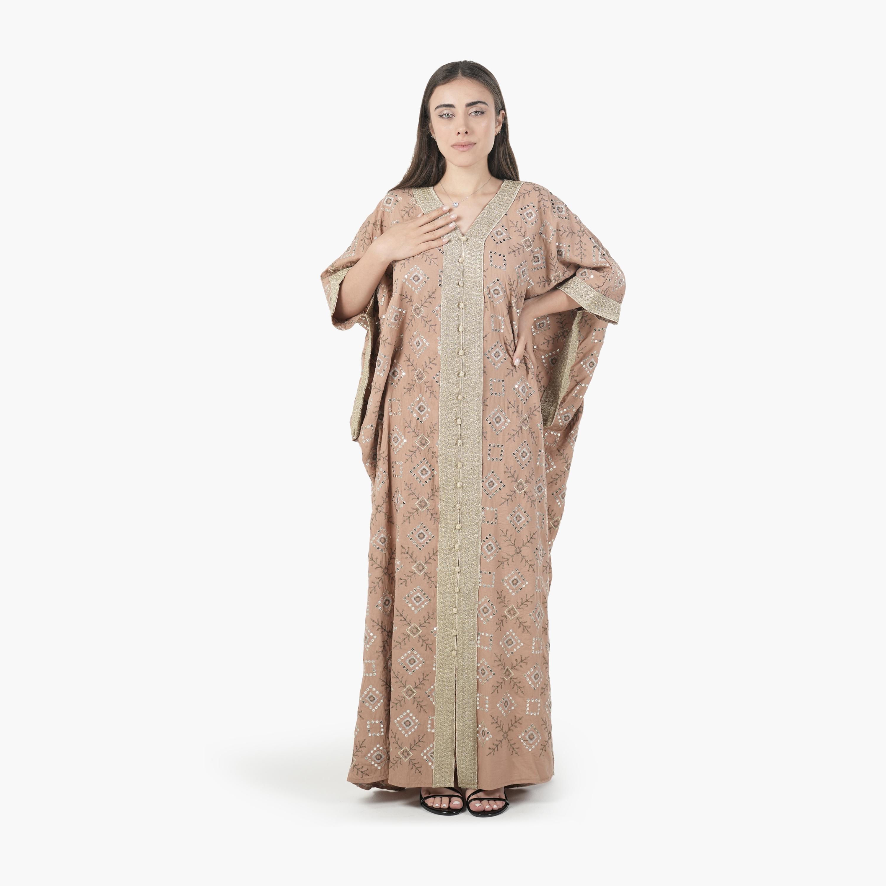 AL BENT AL SHARQIEH Embroidered Batwing Sleeves Linen Women's Evening Kaftan Style Jalabiya-women-arabicclothing-jalabiyas-image-1