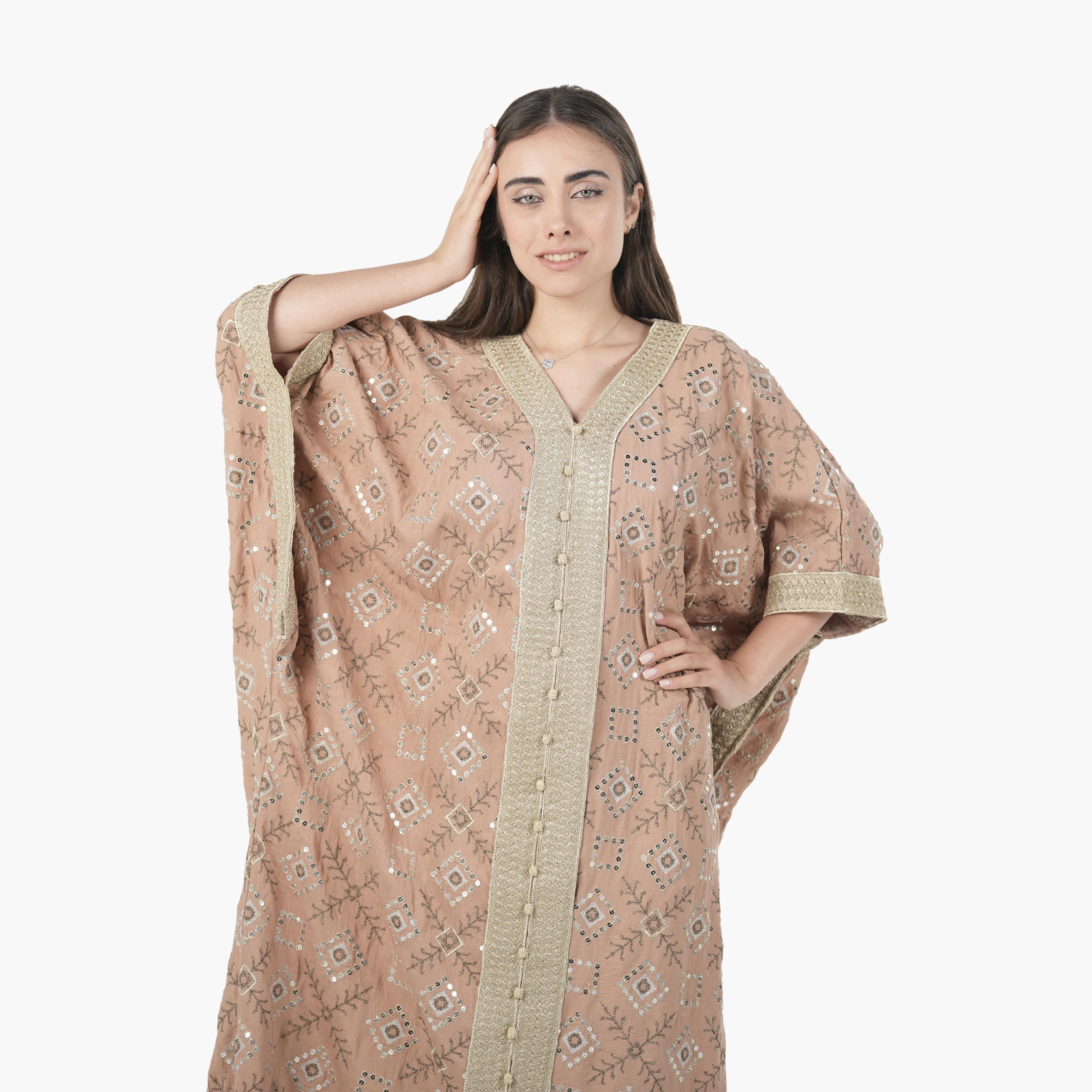 AL BENT AL SHARQIEH Embroidered Batwing Sleeves Linen Women's Evening Kaftan Style Jalabiya-women-arabicclothing-jalabiyas-image-2