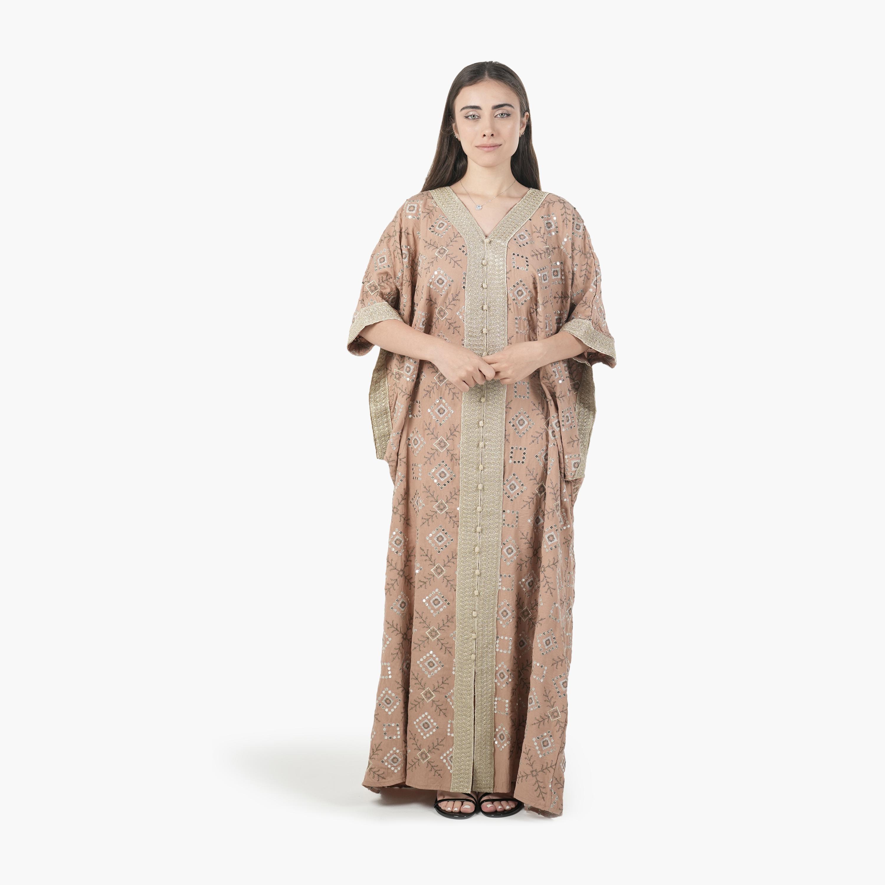 AL BENT AL SHARQIEH Embroidered Batwing Sleeves Linen Women's Evening Kaftan Style Jalabiya-women-arabicclothing-jalabiyas-image-3