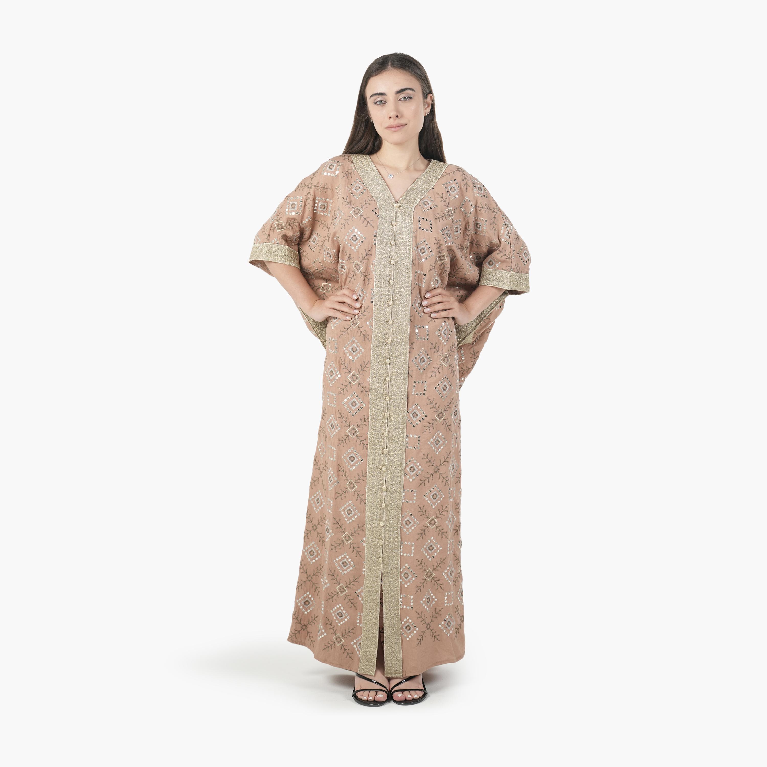 AL BENT AL SHARQIEH Embroidered Batwing Sleeves Linen Women's Evening Kaftan Style Jalabiya-women-arabicclothing-jalabiyas-image-4