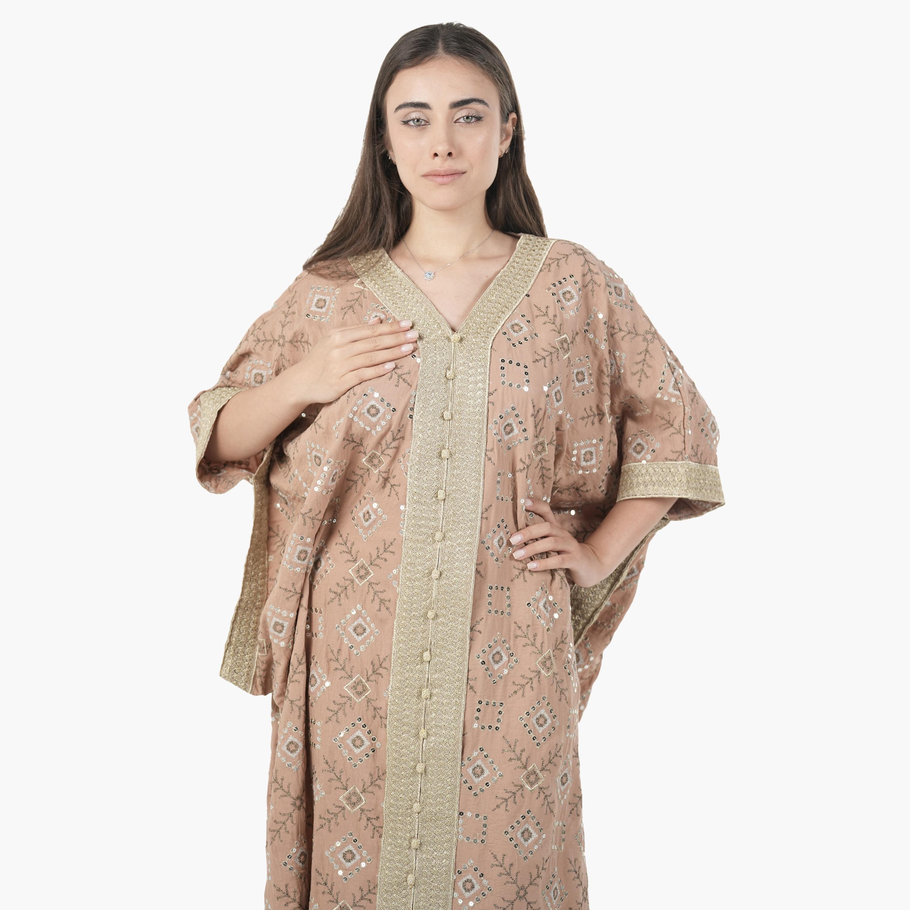 AL BENT AL SHARQIEH Embroidered Batwing Sleeves Linen Women's Evening Kaftan Style Jalabiya-women-arabicclothing-jalabiyas-image-5